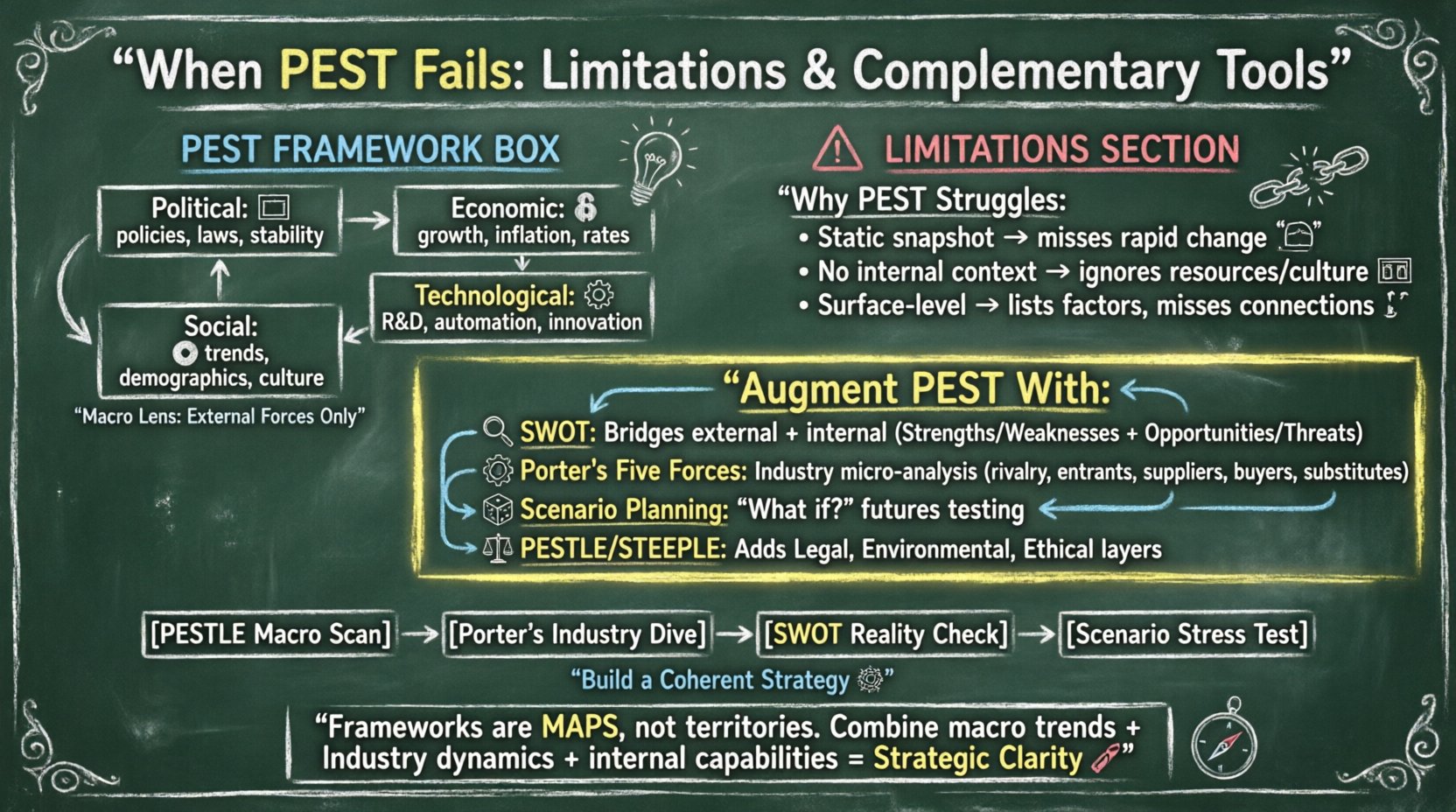 Chalkboard-style educational infographic showing PEST analysis limitations (static nature, lack of internal context, surface-level insights) and complementary strategic tools including SWOT, Porter's Five Forces, Scenario Planning, and PESTLE, with a four-step integration workflow for robust strategic planning in complex markets