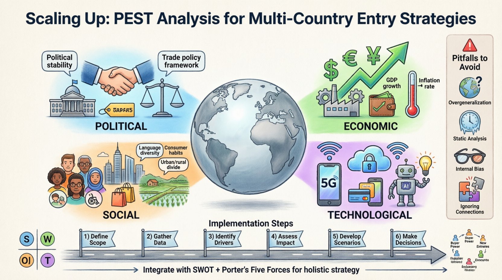 Cartoon infographic illustrating PEST Analysis framework for international business expansion, showing Political, Economic, Social, and Technological factors with implementation steps and common pitfalls for multi-country market entry strategies