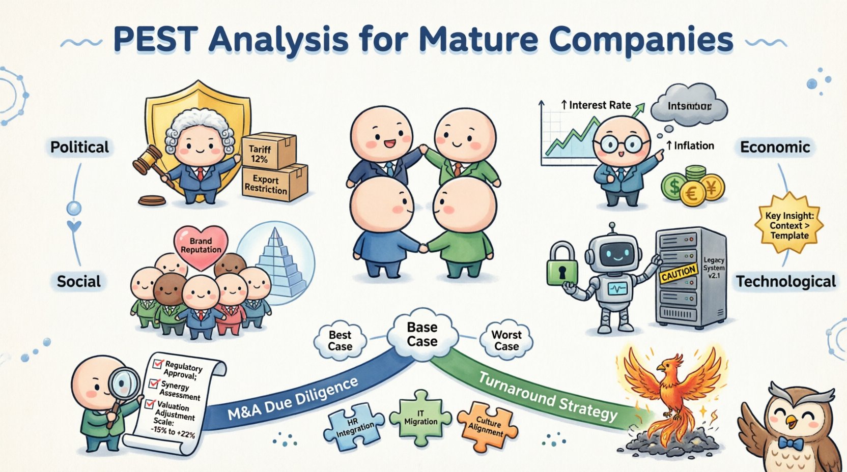 Chibi-style infographic illustrating PEST Analysis framework for mature companies in M&A and turnaround situations, featuring four key external factors: Political (antitrust, trade tariffs, labor laws), Economic (interest rates, inflation, currency), Social (demographics, workforce sentiment, brand reputation), and Technological (legacy systems, cybersecurity, automation), with cute chibi characters demonstrating due diligence processes, valuation adjustments, and strategic pivot decisions for established organizations