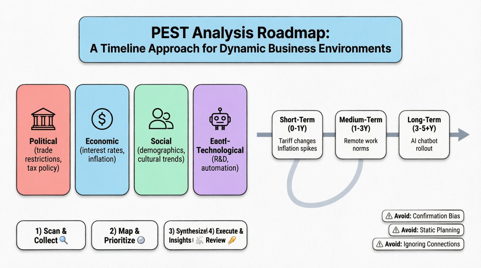 PEST Analysis Roadmap infographic showing Political, Economic, Social, and Technological factors mapped across short-term (0-1 year), medium-term (1-3 years), and long-term (3-5+ years) timelines, with four-phase implementation process and strategic tips in clean flat design with pastel colors and rounded icons
