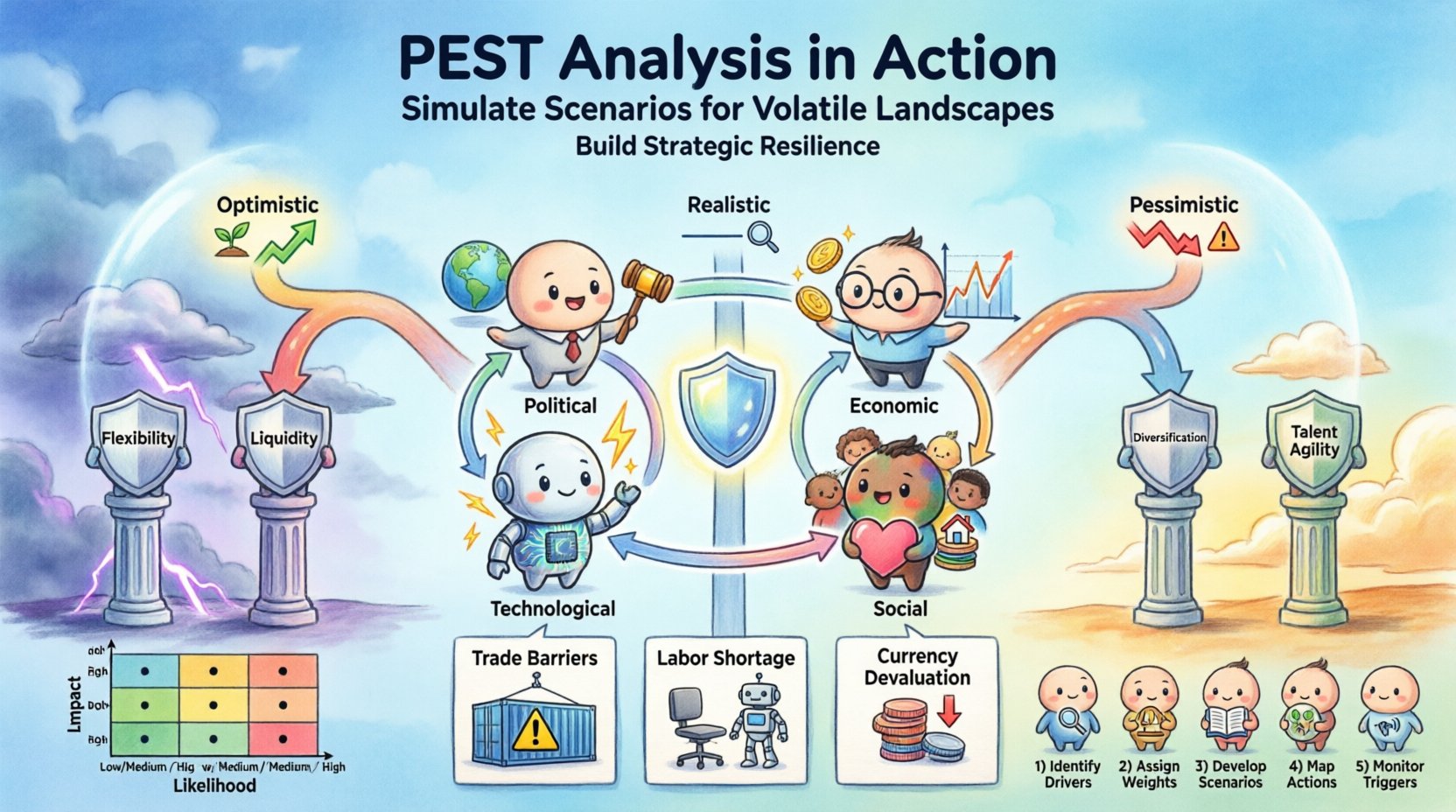 Chibi-style infographic illustrating PEST Analysis framework for strategic scenario planning in volatile environments, featuring four cute characters representing Political, Economic, Social, and Technological factors connected by interdependency arrows, with visual elements for scenario branching (Optimistic/Pessimistic/Realistic), risk assessment matrix, resilience pillars (Flexibility, Liquidity, Diversification, Talent Agility), and three case study scenarios (Trade Barriers, Labor Shortage, Currency Devaluation), designed in 16:9 aspect ratio with professional color scheme and clear English labels for business strategy education