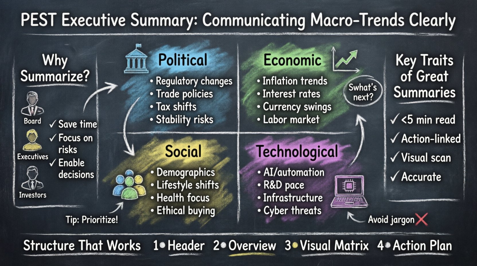 Chalkboard-style infographic illustrating PEST analysis executive summary framework: four macro-environment pillars (Political, Economic, Social, Technological) with key trends, stakeholder benefits for board/executives/investors, essential traits of effective summaries, and a 4-step structure for strategic communication—designed in hand-written teacher aesthetic for clear, actionable business insights