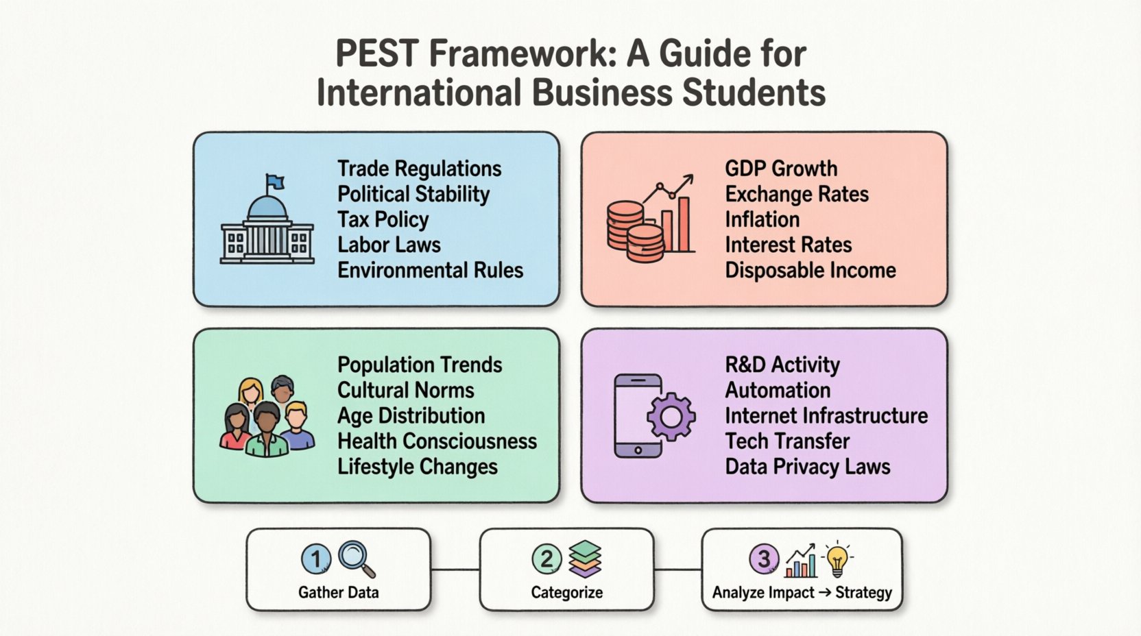 PEST Framework infographic for international business students showing four key macro-environmental factors: Political (trade regulations, stability, tax policy), Economic (GDP, exchange rates, inflation), Social (demographics, cultural norms, lifestyle trends), and Technological (R&D, automation, digital infrastructure) with clean flat design, pastel colors, and actionable analysis steps