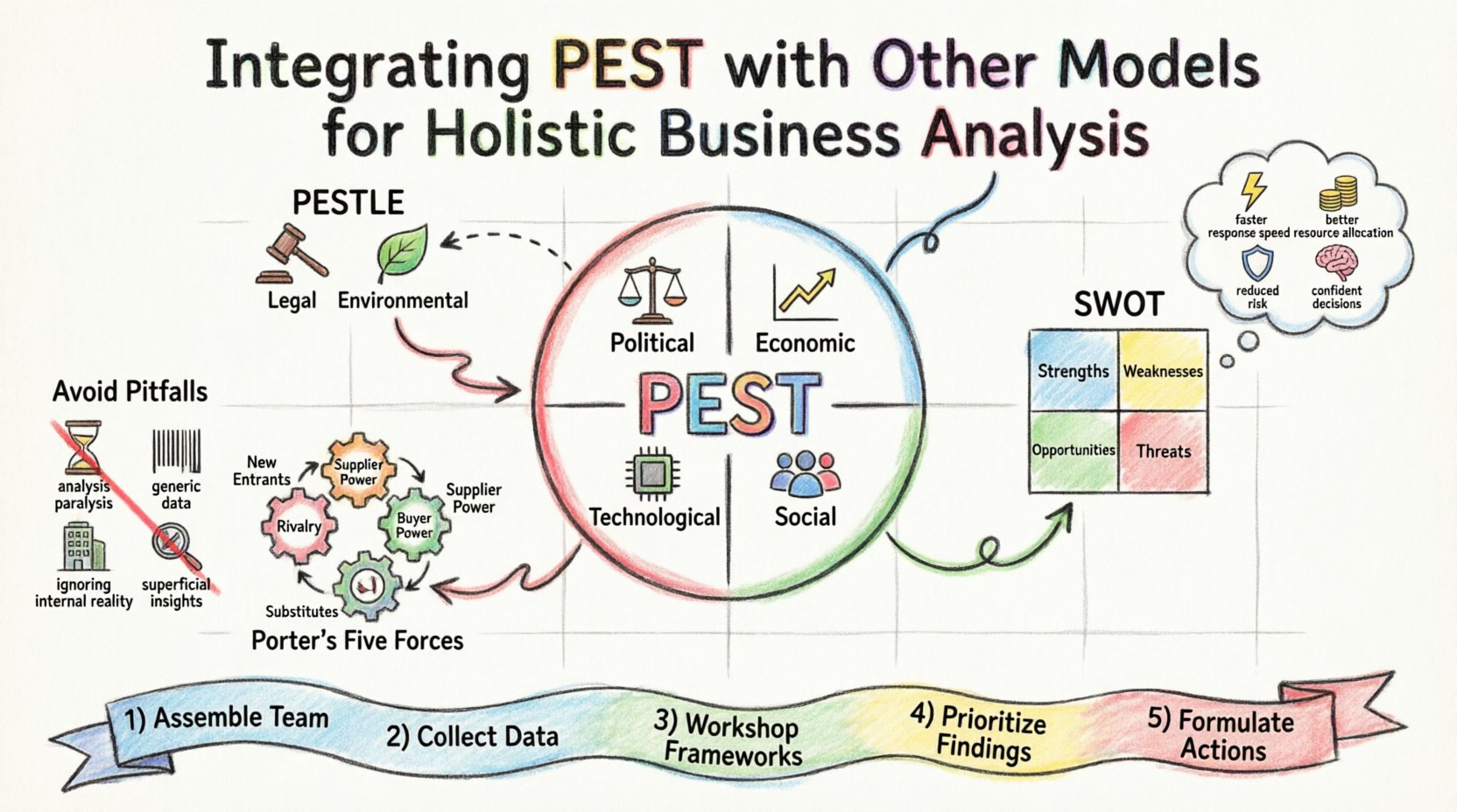 Marker illustration infographic showing holistic business analysis through PEST framework integration: central PEST circle (Political, Economic, Social, Technological) connected to SWOT quadrants, Porter's Five Forces gears, and PESTLE extensions; includes 5-step implementation workflow ribbon, benefits icons (faster response, better allocation, reduced risk, confident decisions), and pitfalls to avoid (analysis paralysis, generic data, ignoring capacity); vibrant hand-drawn style with sketchy outlines and watercolor fills on 16:9 canvas for strategic planning visualization