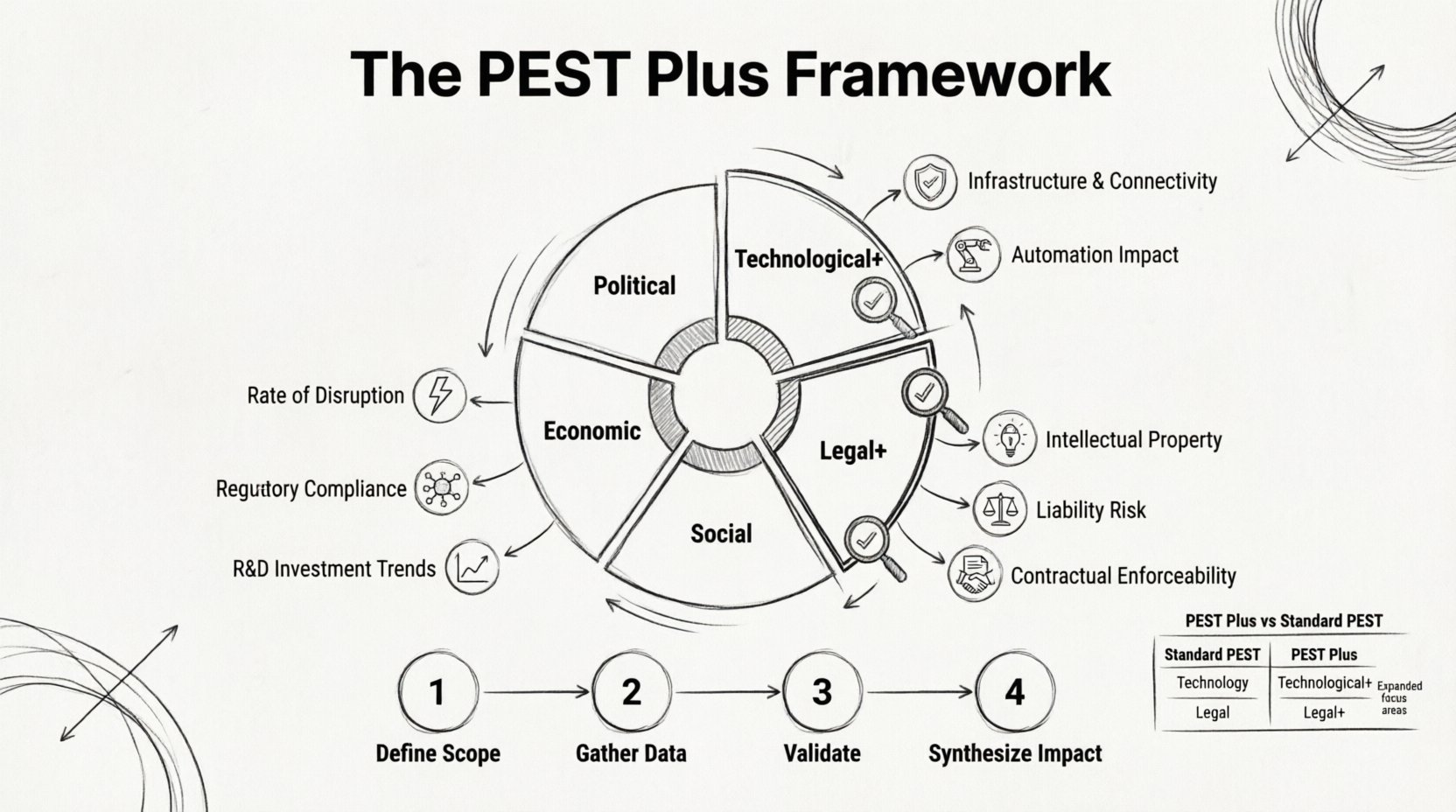 A minimalist line art infographic in 16:9 format illustrating the PEST Plus Framework for strategic business analysis, featuring five core categories (Political, Economic, Social, Technological+, Legal+) with Technological and Legal dimensions expanded to show key sub-factors including disruption rate, infrastructure, automation, R&D trends, regulatory compliance, intellectual property, liability risk, and contractual enforceability, plus a four-step execution workflow and comparison to standard PEST analysis