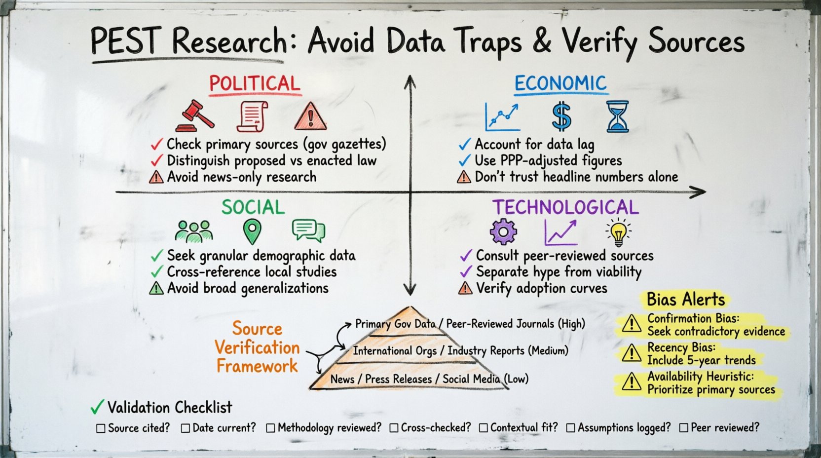 Hand-drawn whiteboard infographic illustrating common PEST analysis research pitfalls and data verification framework, featuring four color-coded quadrants for Political (red), Economic (blue), Social (green), and Technological (purple) factors with trap warnings, a source reliability hierarchy pyramid, cross-referencing methodology diagram, bias management alerts for confirmation/recency/availability biases, and a 7-point validation checklist for academic rigor in strategic planning