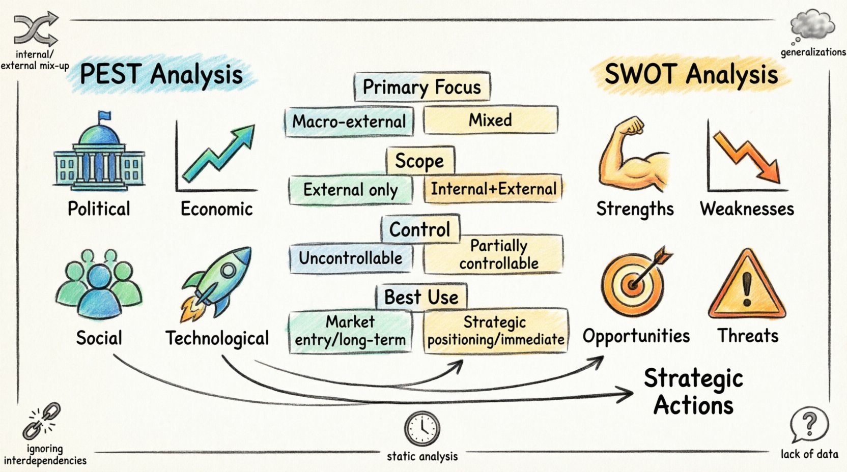 Hand-drawn infographic comparing PEST Analysis (Political, Economic, Social, Technological external factors) with SWOT Analysis (Strengths, Weaknesses, Opportunities, Threats internal and external factors) for MBA students, showing key differences in focus, scope, control, granularity, and use cases, with integration flow diagram demonstrating how PEST feeds into SWOT opportunities and threats, plus visual warnings for five common analytical pitfalls to avoid