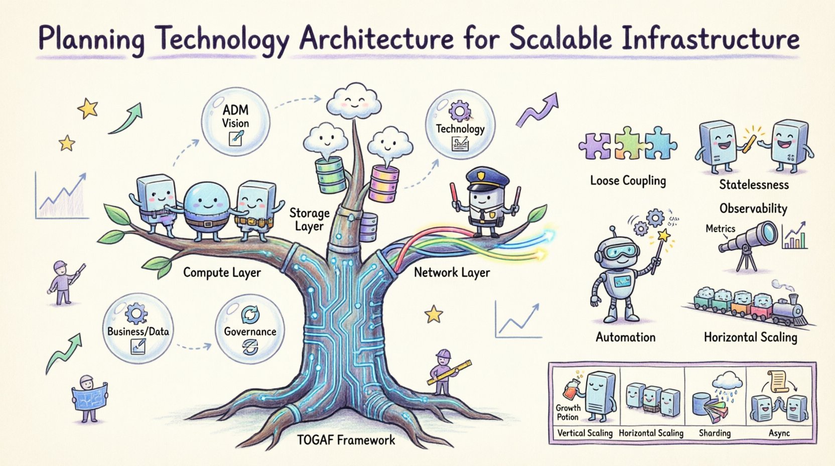Whimsical infographic illustrating scalable technology architecture planning with TOGAF framework, showing ADM cycle phases, infrastructure layers (compute, storage, network), key principles like loose coupling and horizontal scaling, and scalability patterns for growth-oriented system design