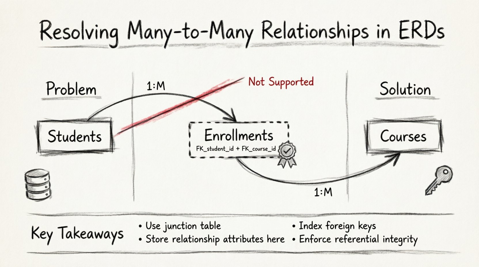 Charcoal sketch infographic illustrating how to resolve many-to-many relationships in Entity-Relationship Diagrams using a junction table, showing Students and Courses entities connected through an Enrollments bridge table with foreign keys, composite primary keys, and crow's foot cardinality notation