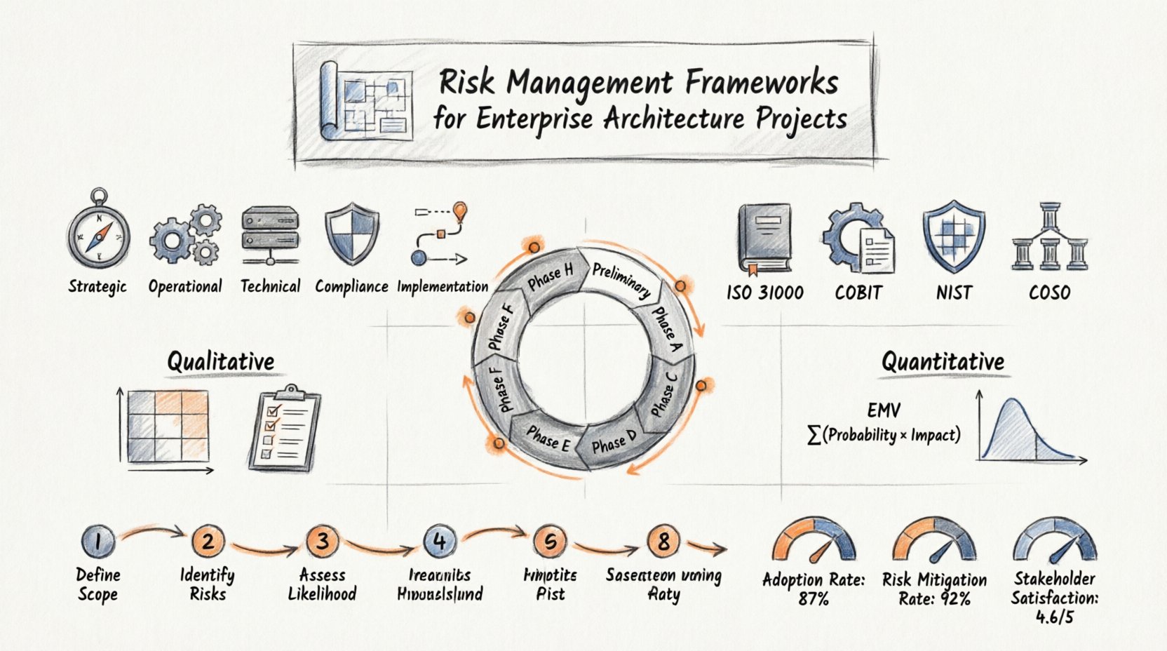 Hand-drawn infographic summarizing risk management frameworks for Enterprise Architecture projects, featuring TOGAF ADM integration, five architectural risk categories (strategic, operational, technical, compliance, implementation), comparison of ISO 31000/COBIT/NIST/COSO frameworks, qualitative and quantitative assessment methods, 8-step implementation roadmap, and key success metrics for EA risk governance