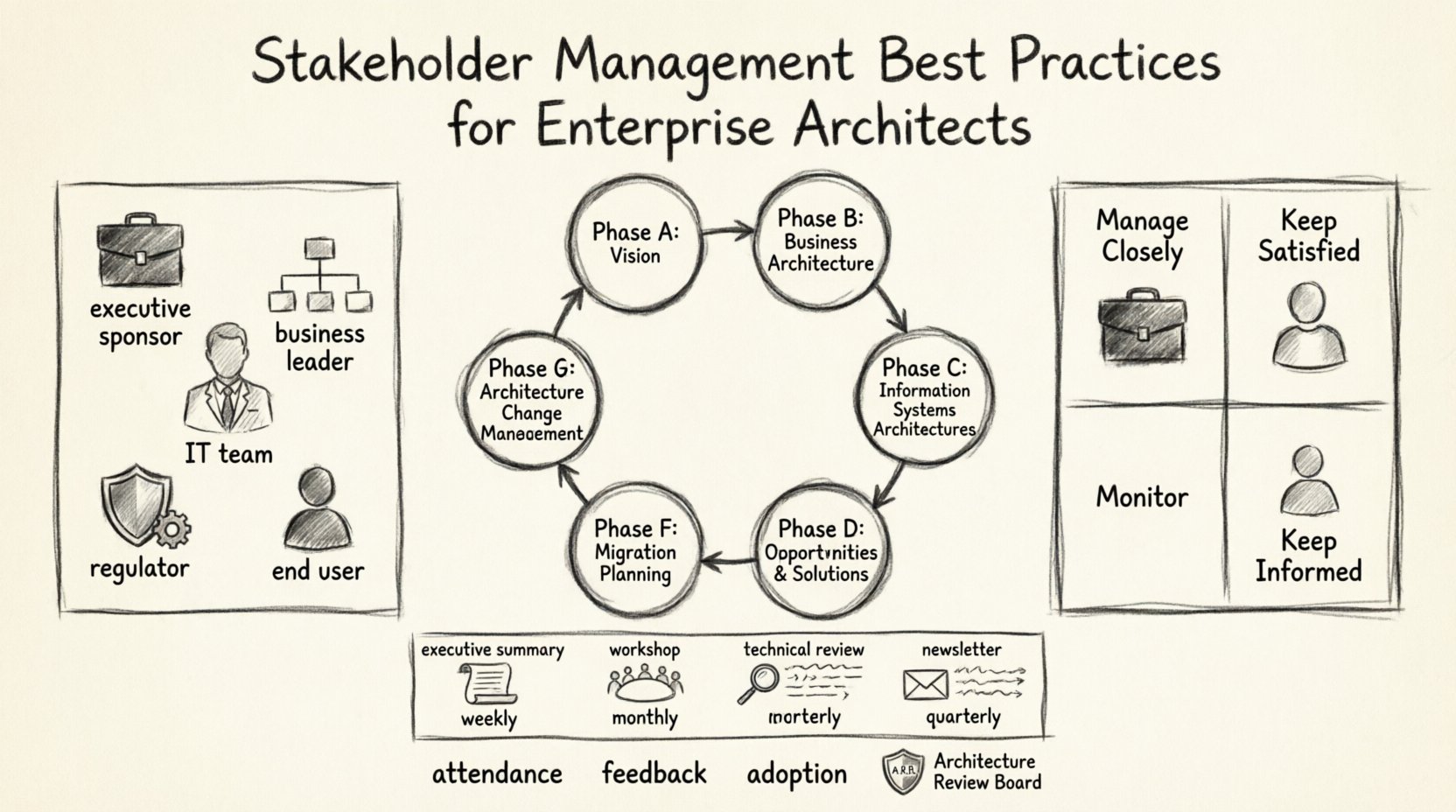 Charcoal sketch infographic illustrating stakeholder management best practices for enterprise architects, featuring stakeholder types, TOGAF ADM phases A-H, power-interest grid matrix, communication strategies by frequency, and governance frameworks with Architecture Review Board