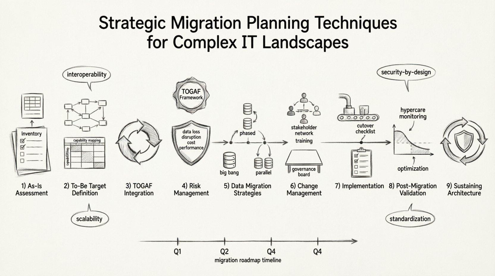 Line art infographic illustrating 9-phase strategic IT migration planning framework based on TOGAF: assessing current architecture, defining target state, migration planning, risk mitigation, data strategies, change management, implementation, post-migration validation, and architecture sustainability for complex enterprise IT landscapes