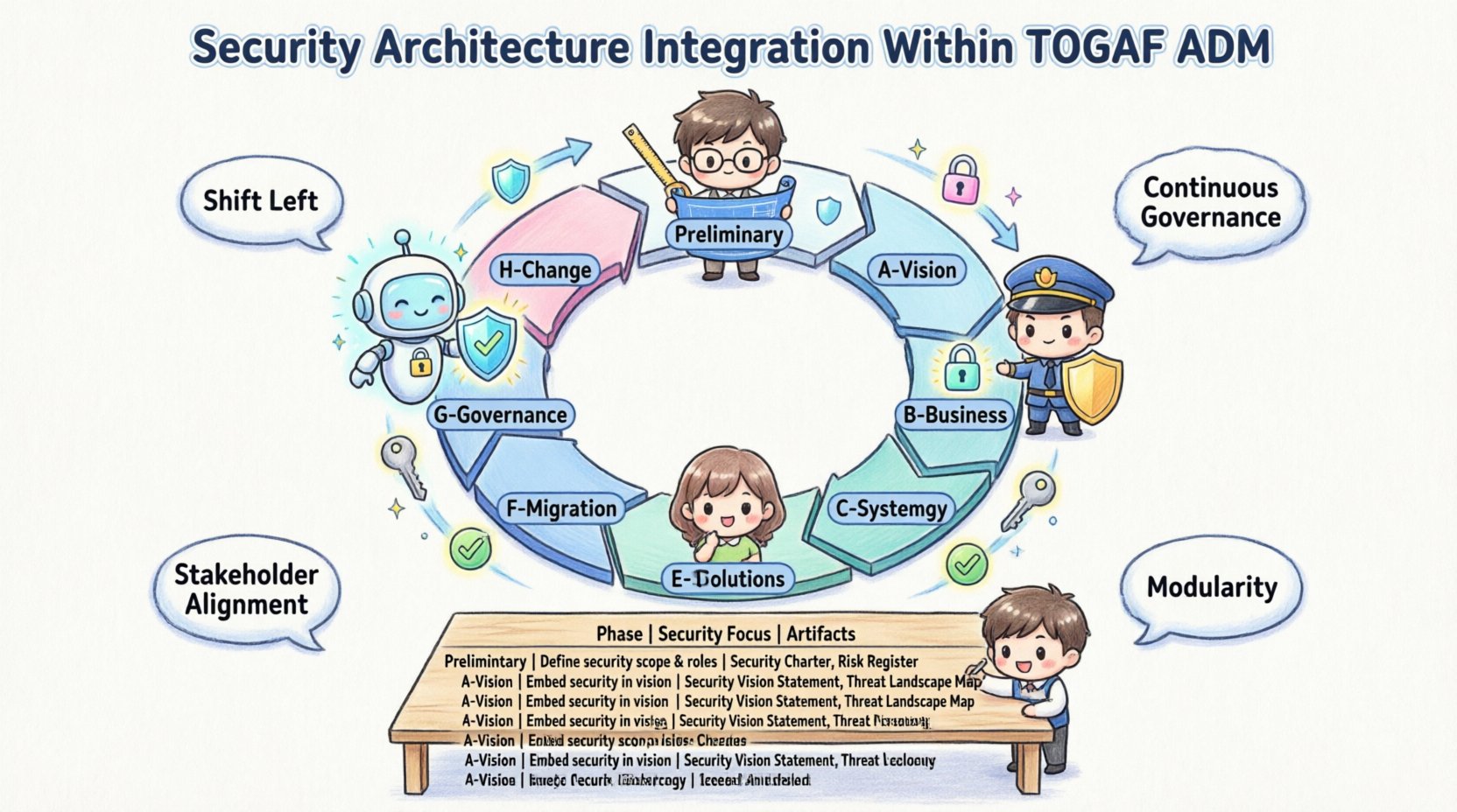 Chibi-style infographic illustrating security architecture integration across all TOGAF ADM phases, showing the iterative cycle with cute characters representing security activities, key principles like Shift Left and Continuous Governance, and phase-specific artifacts from Preliminary through Architecture Change Management for enterprise security planning