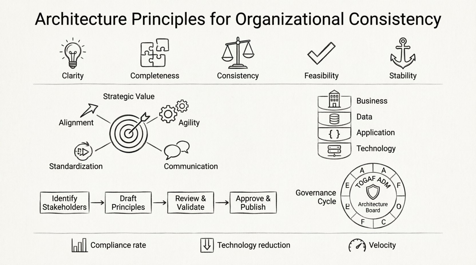 Line art infographic summarizing TOGAF architecture principles for organizational consistency, featuring five core characteristics (clarity, completeness, consistency, feasibility, stability), four strategic benefits (alignment, standardization, agility, communication), four principle categories (business, data, application, technology), four-step development process flowchart, Architecture Board governance cycle, and ADM phases integration for enterprise architecture decision-making