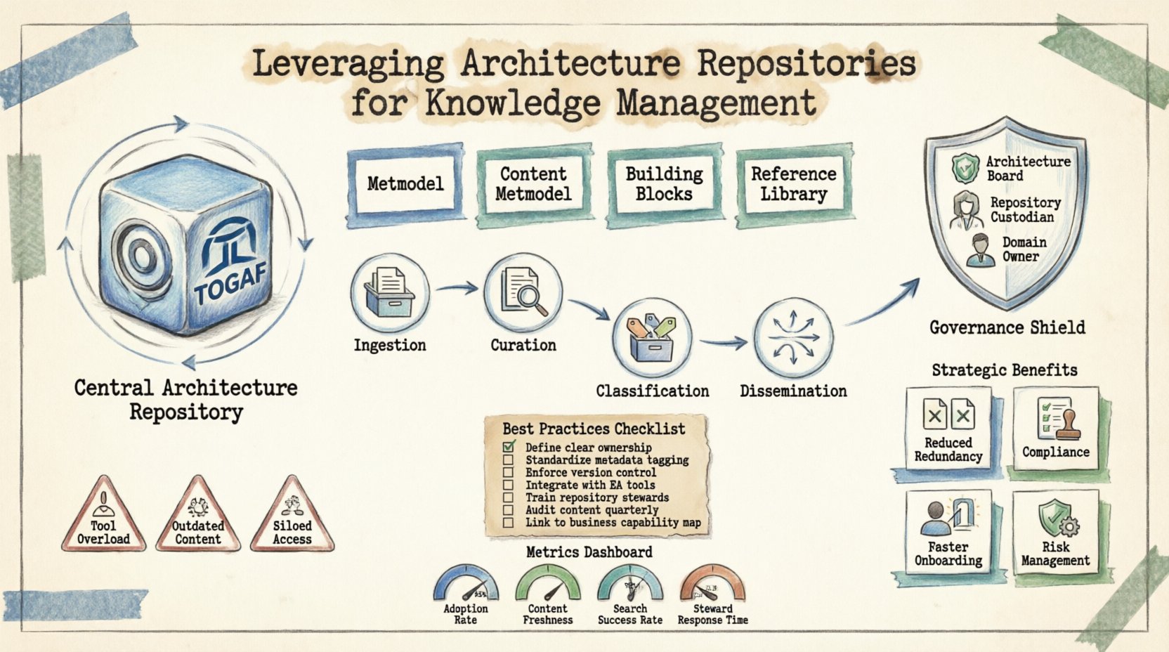 Stamp and washi tape style infographic summarizing TOGAF Architecture Repository for enterprise knowledge management, featuring structural components (metamodel, building blocks, reference library), knowledge processes (ingestion, curation, classification), governance frameworks, strategic benefits, implementation challenges, best practices checklist, and effectiveness metrics in a 16:9 horizontal layout