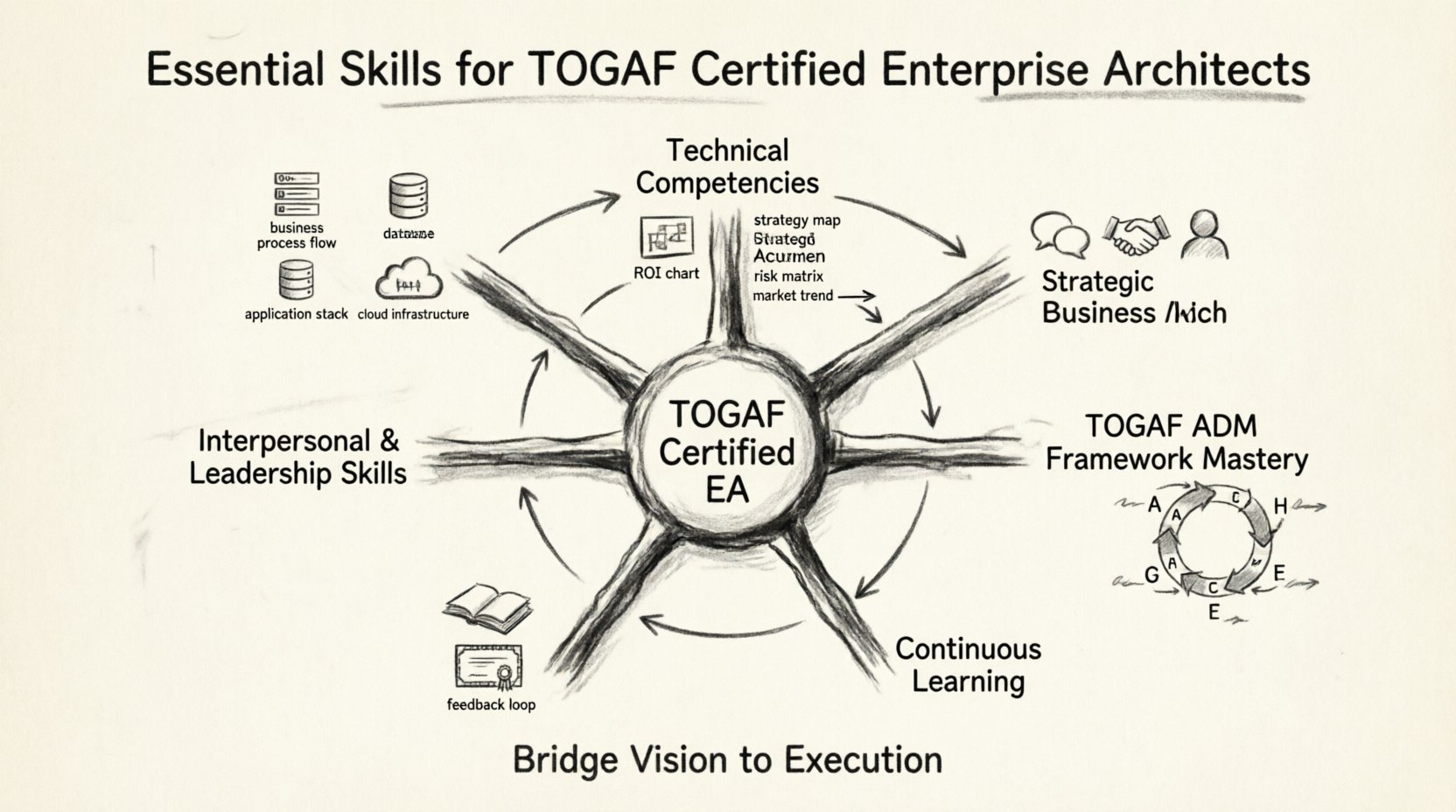 Charcoal contour sketch infographic summarizing essential skills for TOGAF certified enterprise architects, featuring five interconnected pillars: technical competencies (business architecture, data management, applications, technology), strategic business acumen (financial literacy, risk management, market trends), interpersonal leadership skills (communication, stakeholder management, mentorship), TOGAF ADM framework mastery (phases A-H iterative cycle), and continuous learning practices, all rendered in hand-drawn monochrome sketch style with professional minimalist aesthetic