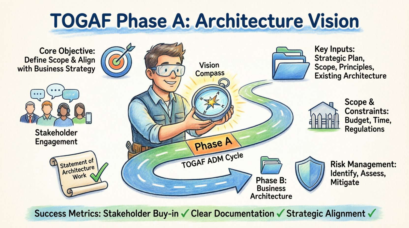 Cartoon infographic summarizing TOGAF ADM Phase A: Architecture Vision, showing key objectives, stakeholder engagement, scope definition, Statement of Architecture Work, risk management, and transition to Phase B with colorful icons and roadmap visualization