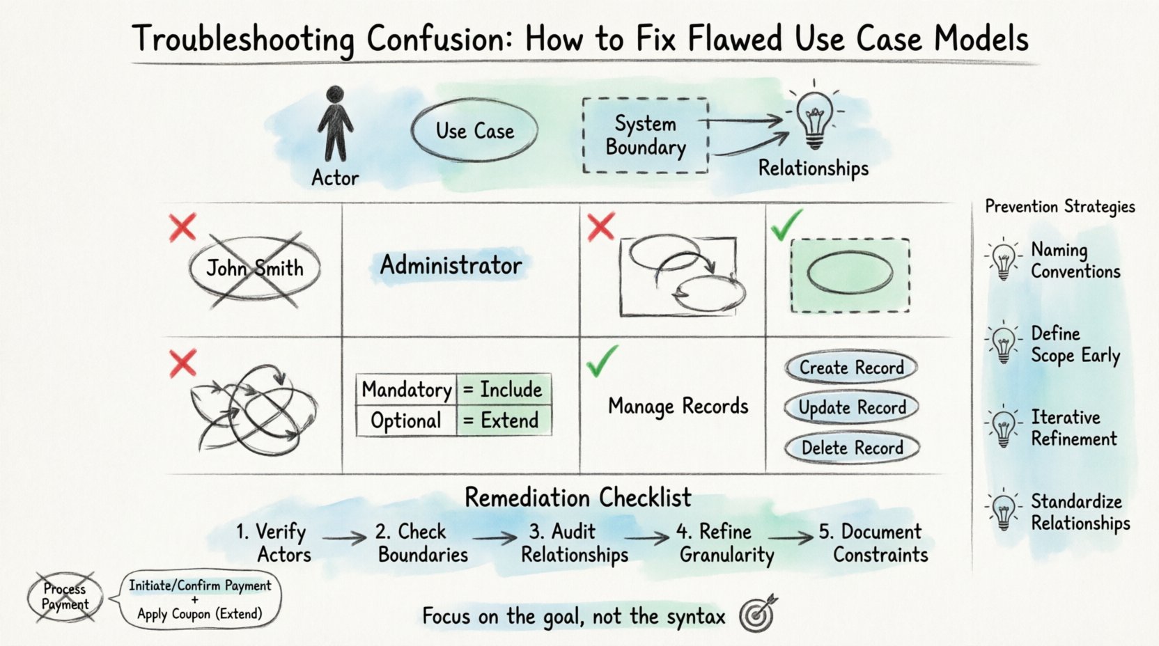 Hand-drawn infographic showing how to fix flawed use case models in software architecture: covers actor ambiguity, system boundary confusion, relationship mismanagement, and scope drift with visual troubleshooting steps, remediation checklist, and prevention strategies for clearer requirements modeling