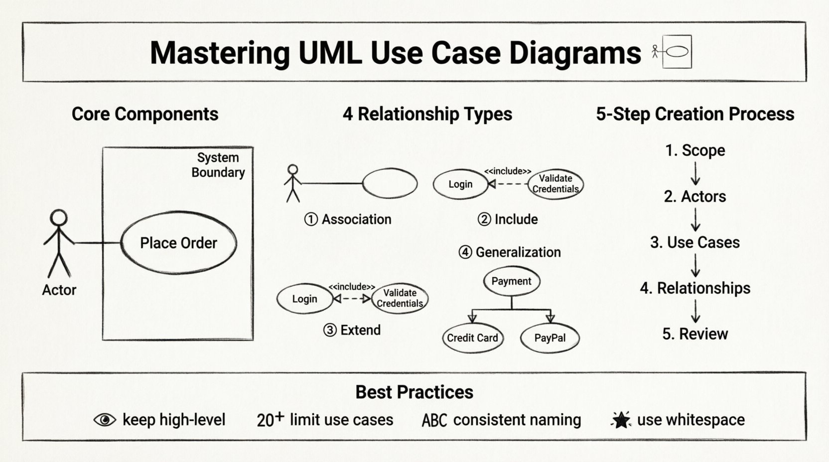 Line art infographic illustrating UML Use Case Diagram fundamentals: core components (actors, use cases, system boundary), four relationship types (association, include, extend, generalization), five-step creation process, and best practices for clear software requirement modeling