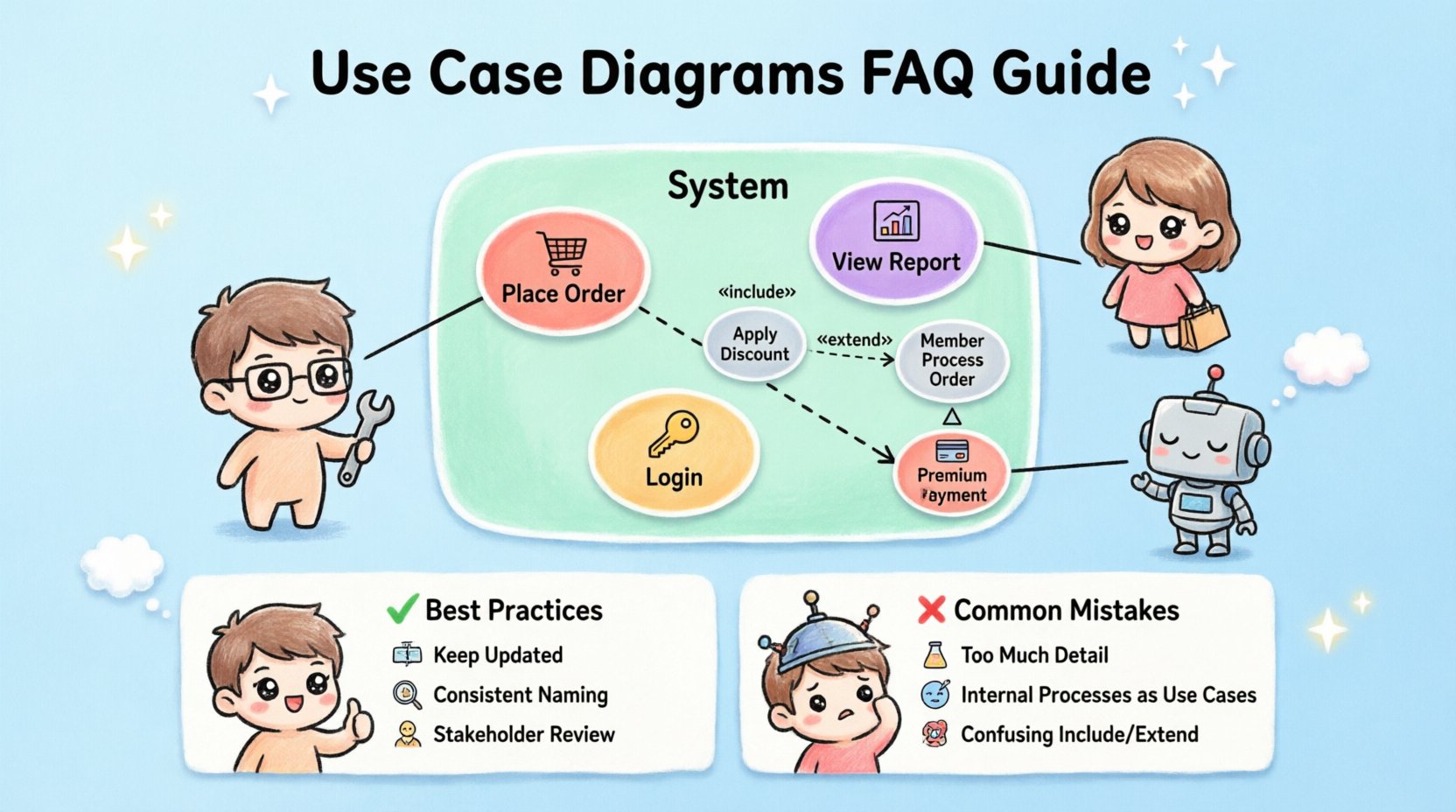 Chibi-style infographic guide to UML Use Case Diagrams featuring cute characters representing actors, oval use case bubbles, system boundary box, and relationship arrows for include/extend/generalization, with visual FAQs, best practices checklist, and common mistakes to avoid for software developers and analysts