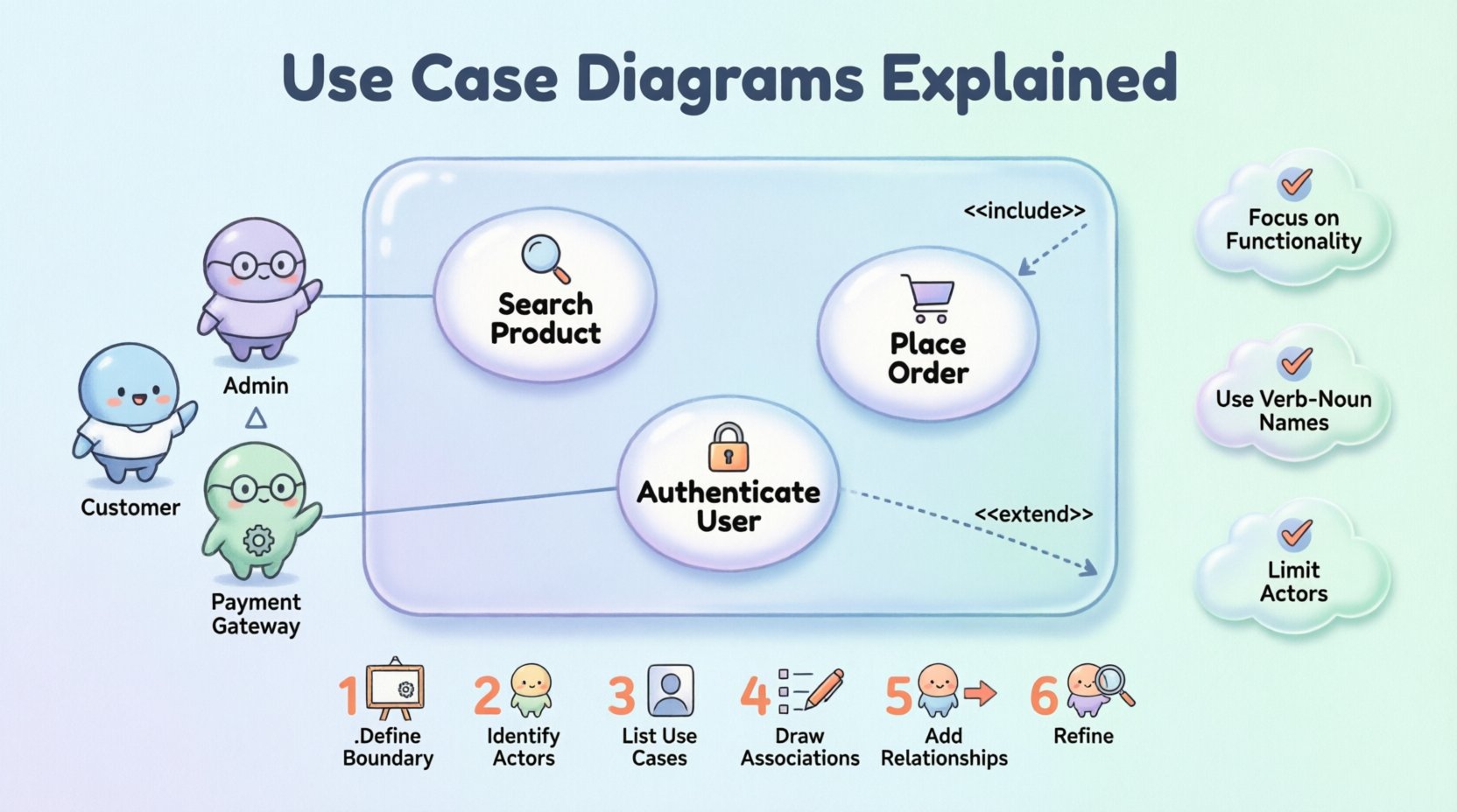 Chibi-style infographic explaining UML Use Case Diagrams: features adorable stick-figure actors, oval use case bubbles, system boundary box, and visual representations of four relationship types (association, include, extend, generalization), plus a 6-step creation workflow and best practices checklist for software architects and business analysts