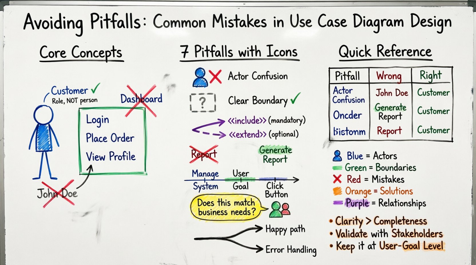 Hand-drawn whiteboard infographic illustrating 7 common mistakes in Use Case Diagram design: confusing actors with user roles, missing system boundaries, misusing include/extend relationships, poor verb-noun naming, incorrect granularity, skipping stakeholder validation, and overlooking alternative flows. Features color-coded markers (blue for actors, green for boundaries, red for errors, orange for solutions), visual comparisons of wrong vs. right approaches, and key takeaways emphasizing clarity, user-goal granularity, and regular validation for effective system modeling.
