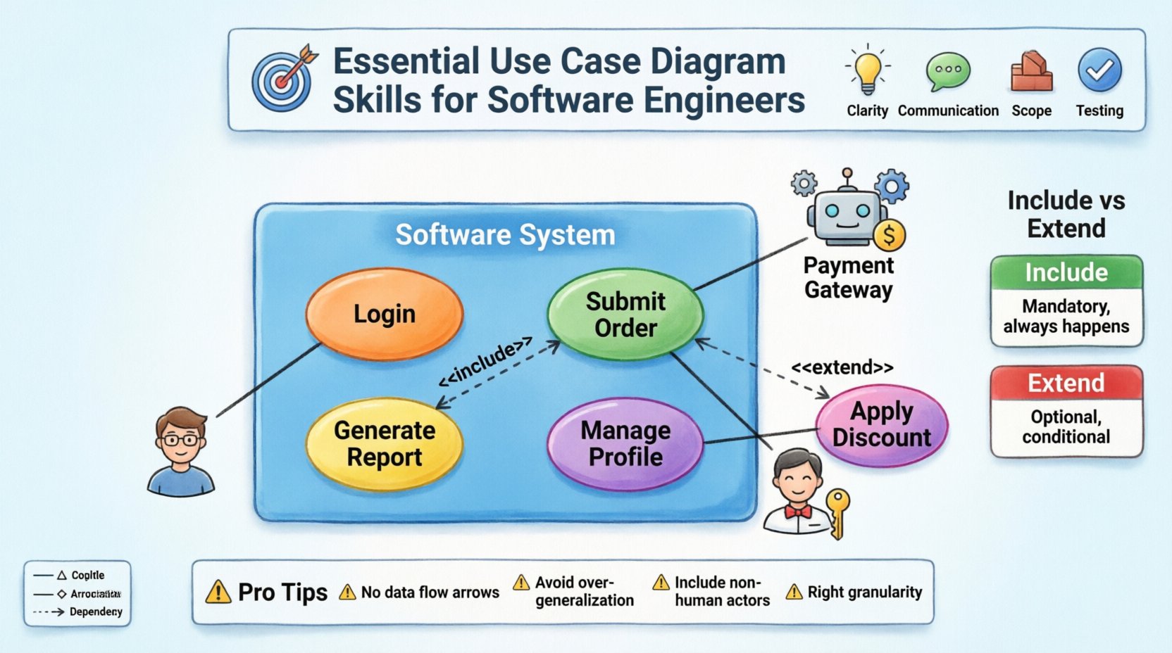 Cartoon infographic illustrating essential Use Case Diagram skills for software engineers: shows system boundary box with use case ellipses (Login, Submit Order, Generate Report), stick-figure actors (Customer, Admin, Payment Gateway) connected via association lines, Include/Extend relationship examples with dashed arrows, key benefits icons (clarity, communication, scope, testing), Include vs Extend comparison table, and pro tips for avoiding common UML pitfalls