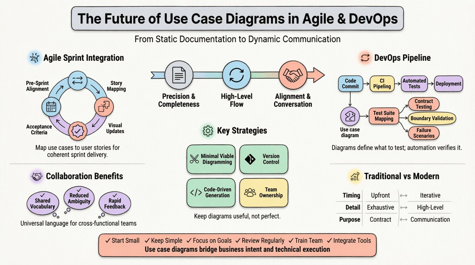 Infographic illustrating the evolution of use case diagrams from static documentation to dynamic communication tools in Agile and DevOps environments, featuring sprint integration workflows, CI/CD pipeline testing strategies, maintenance best practices, cross-functional collaboration benefits, traditional vs modern comparison, and future trends including AI-generated models and real-time synchronization