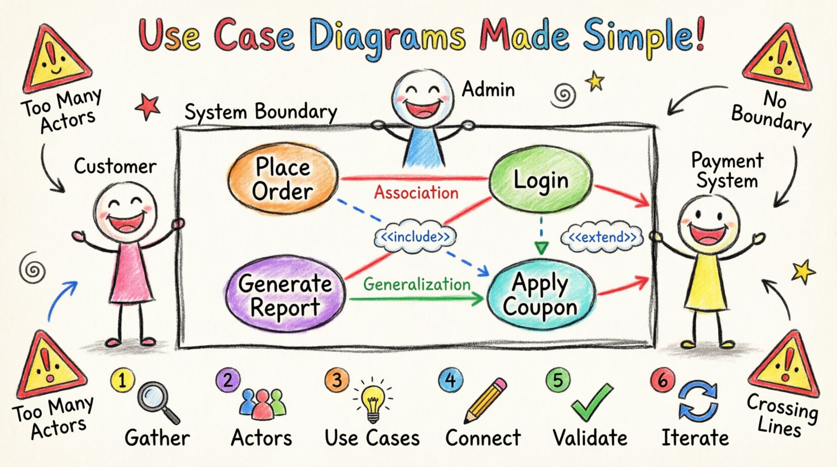Child-style hand-drawn infographic explaining Use Case Diagrams for software requirements, showing actors as stick figures, use cases as colorful ovals inside a system boundary rectangle, relationship lines with include/extend labels, and a 6-step creation process, all in bright crayon aesthetic