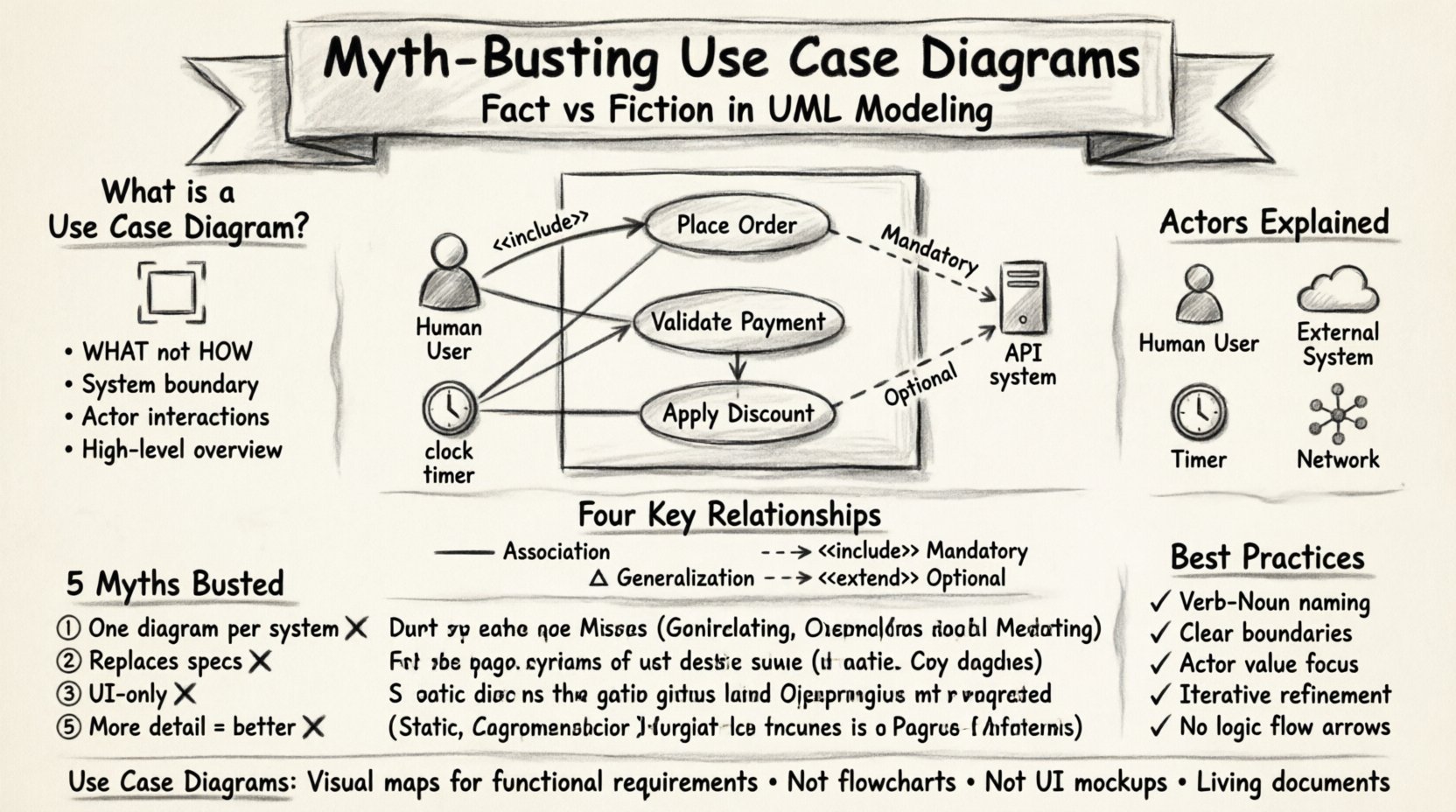 Charcoal sketch infographic debunking five common myths about UML Use Case Diagrams, illustrating proper actor types (human users, external systems, timers, networks), the four key relationships (association, generalization, include, extend), best practices checklist, and core principles for modeling functional requirements in software engineering