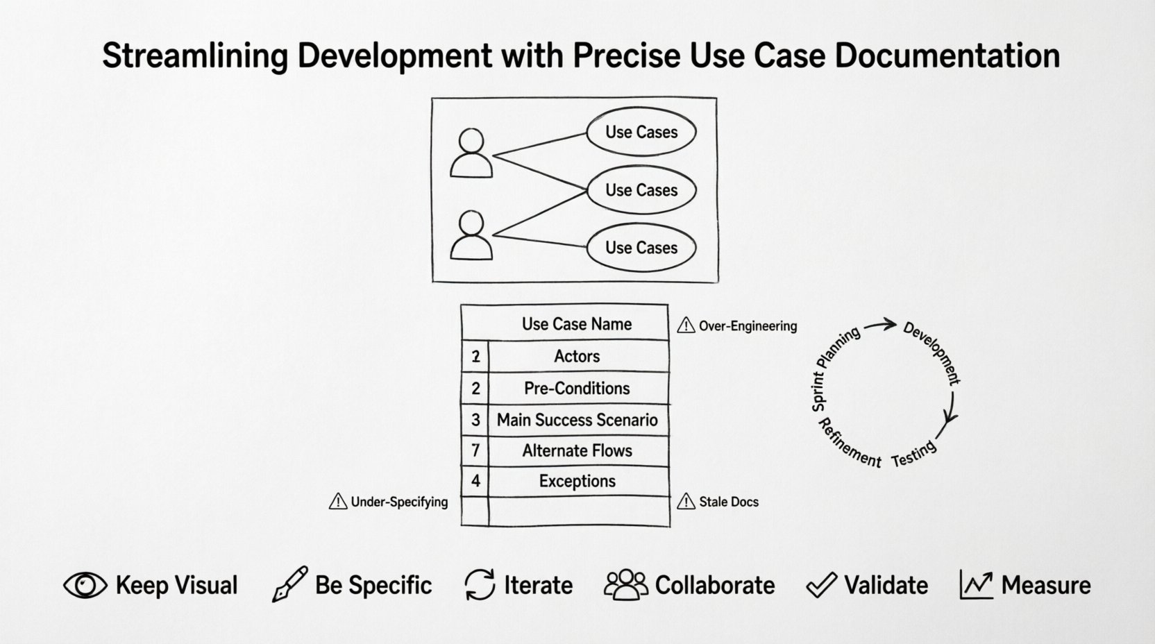 Line art infographic illustrating precise use case documentation for software development: features use case diagram components (actors, ovals, system boundary), specification structure template (pre-conditions, main success scenario, alternate flows), Agile workflow cycle, common pitfalls warnings, and best practices checklist to reduce ambiguity, facilitate testing, and improve product quality