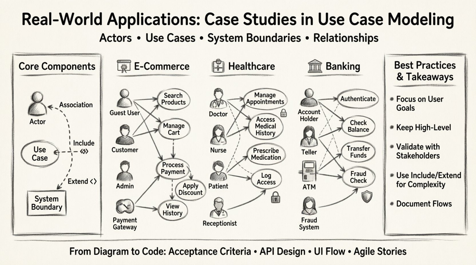 Charcoal contour sketch infographic showing real-world use case modeling applications across e-commerce, healthcare, and banking sectors, featuring core components (actors, use cases, system boundaries, relationships), industry-specific workflows with key actors and functions, plus best practices for transitioning diagrams to code in systems analysis and design