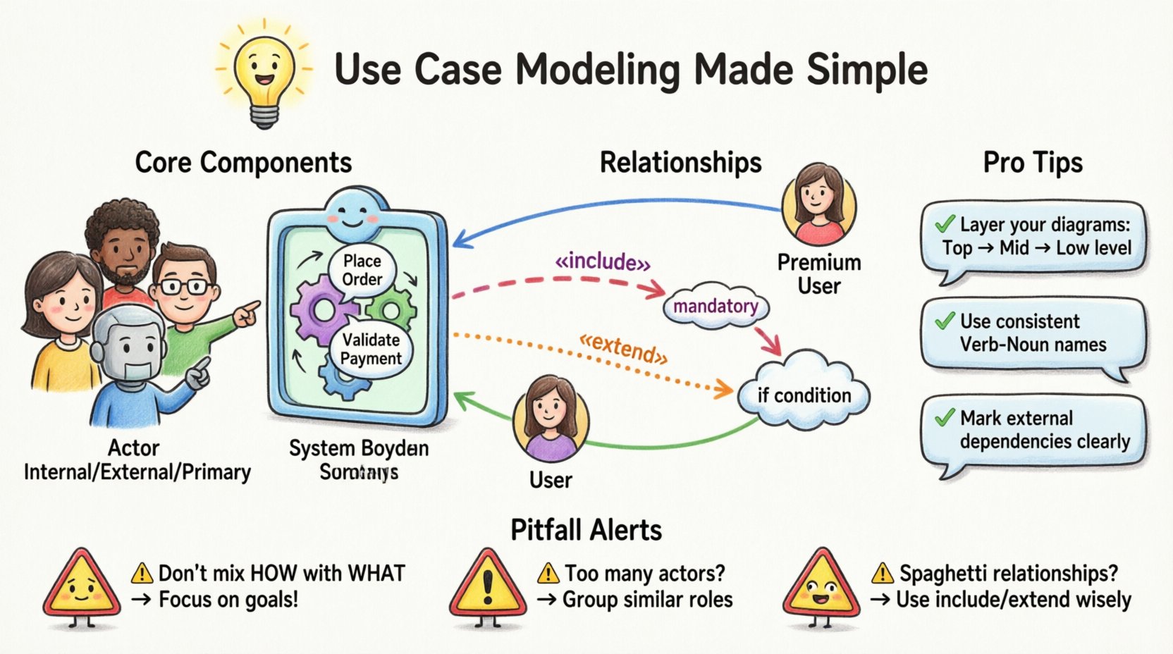 Cartoon infographic explaining use case modeling for complex systems: shows core components (actors, use cases, system boundary), four relationship types (association, include, extend, generalization), complexity management strategies, and common pitfalls with corrections - educational visual guide for software developers and business analysts