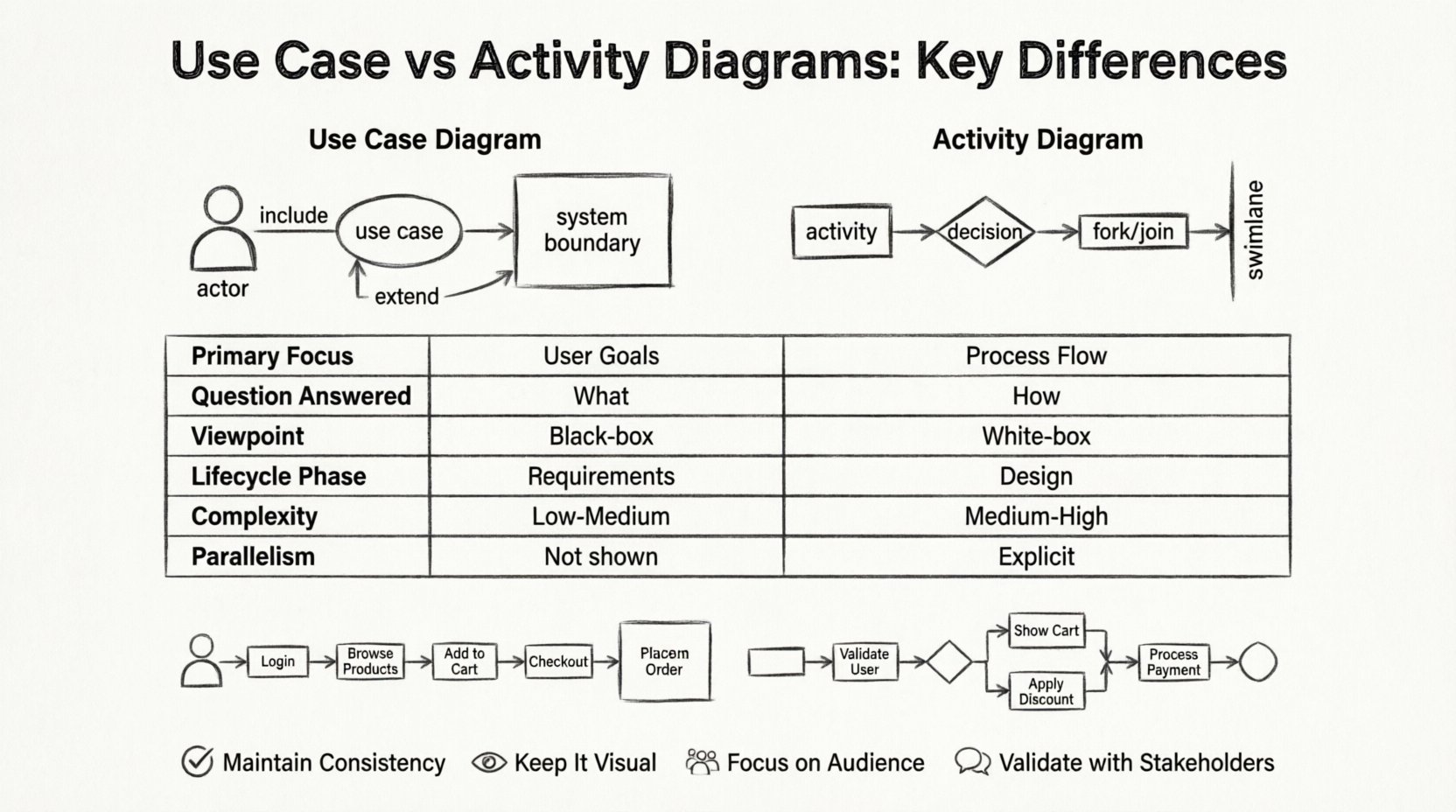 Line art infographic comparing UML Use Case Diagrams and Activity Diagrams: shows side-by-side differences in purpose (what vs how), key symbols (actors/ovals vs nodes/diamonds), lifecycle phases (requirements vs design), complexity levels, and parallelism handling; includes e-commerce 'Place Order' example flows and best practices for effective software modeling