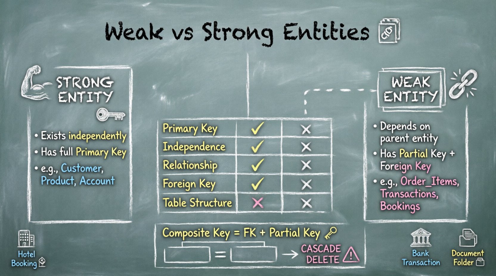 Chalkboard-style educational infographic comparing weak and strong entities in database modeling: strong entities (independent, full primary key, e.g., Customer/Product) shown with single-border boxes and key icons; weak entities (dependent, partial key + foreign key, e.g., Order_Items/Transactions) shown with double-border boxes and chain icons; central comparison table highlighting differences in primary key, independence, relationship type, foreign key requirement, and table structure; visual equation showing composite key = foreign key + partial key; CASCADE DELETE referential integrity flow diagram; real-world examples including hotel bookings, bank transactions, and document folders; all rendered in hand-written chalk style on textured gray chalkboard background with colored chalk accents for teaching clarity.