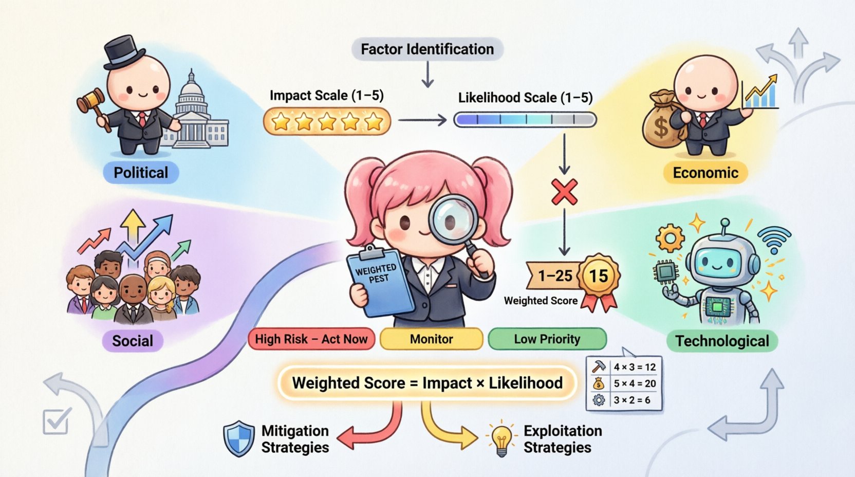 Chibi-style infographic explaining the Weighted PEST Method for strategic planning: illustrates Political, Economic, Social, and Technological factor analysis with impact-likelihood scoring matrix (1-5 scale), weighted score calculation formula, color-coded risk zones (High 20-25, Monitor 10-19, Low 1-9), and actionable strategy planning steps for prioritizing business risks and opportunities