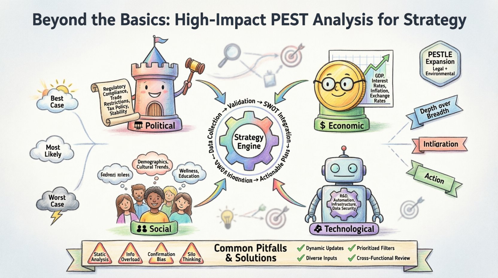 Whimsical infographic illustrating a high-impact PEST analysis framework for strategic planning, featuring four playful pillars: Political (regulatory compliance, trade policy, tax, stability), Economic (GDP growth, interest rates, inflation, exchange rates), Social (demographics, cultural trends, wellness, education), and Technological (R&D, automation, infrastructure, data security). Visual flow shows data collection, validation, SWOT integration, and actionable strategy development. Includes PESTLE expansion, scenario planning clouds, common pitfalls with solutions, and key takeaways for business leaders. Colorful hand-drawn style with icons, arrows, and strategy badges on a 16:9 canvas.