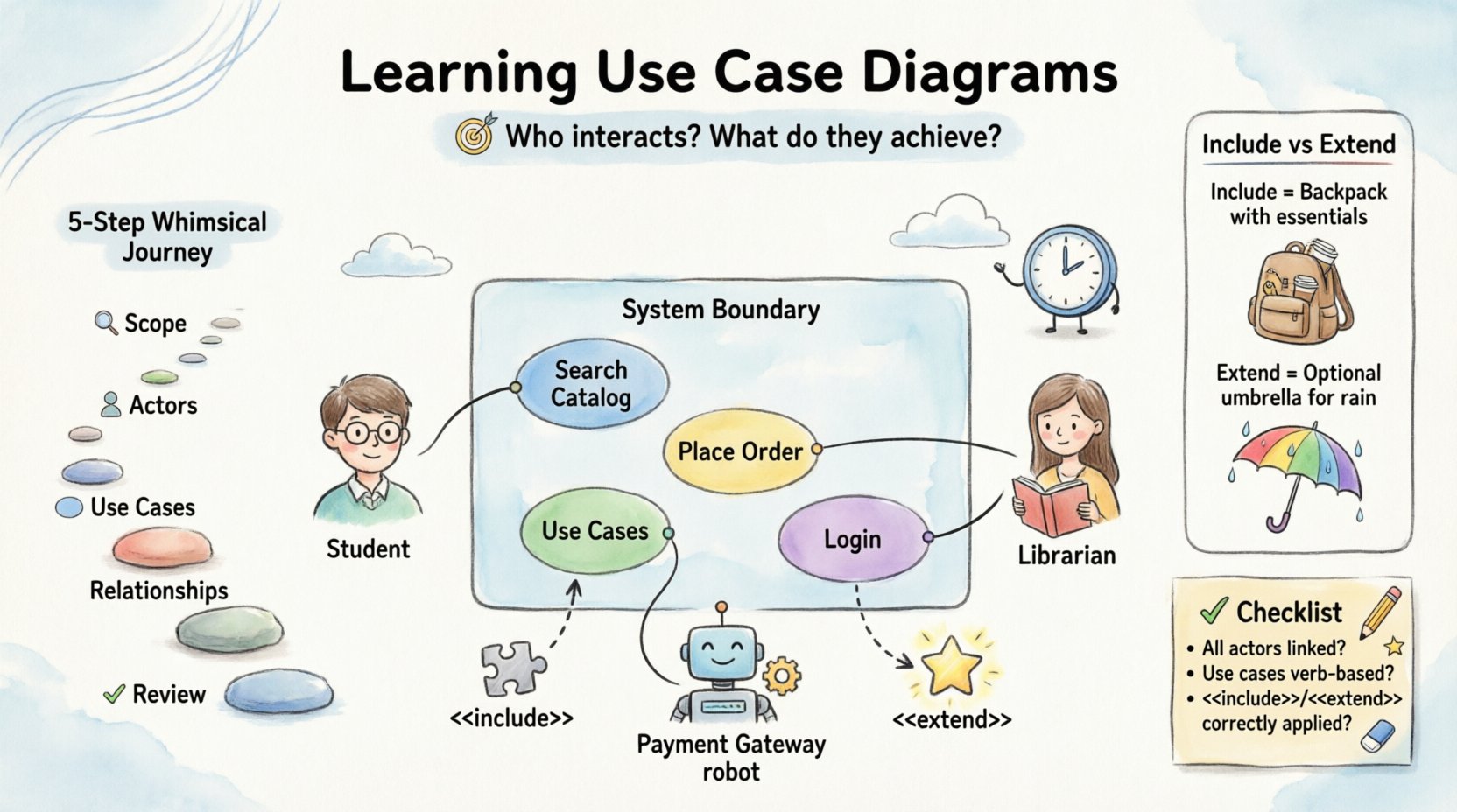 Whimsical educational infographic teaching computer science students how to create Use Case Diagrams, featuring playful stick-figure actors, colorful oval use cases inside a system boundary box, visual explanations of Association/Include/Extend/Generalization relationships, a 5-step creation journey, and real-world examples for library and e-commerce systems