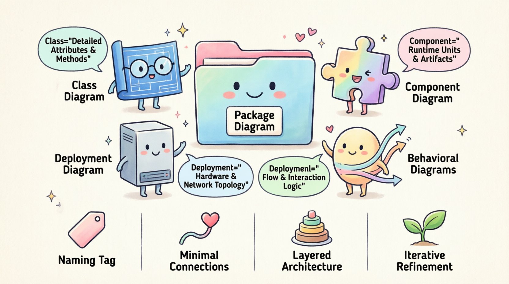 Kawaii-style infographic comparing UML Package Diagrams with Class, Component, Deployment, and Behavioral diagrams for software architecture, showing when to use each diagram type with cute characters, pastel colors, logical grouping concepts, dependency relationships, and best practices in English