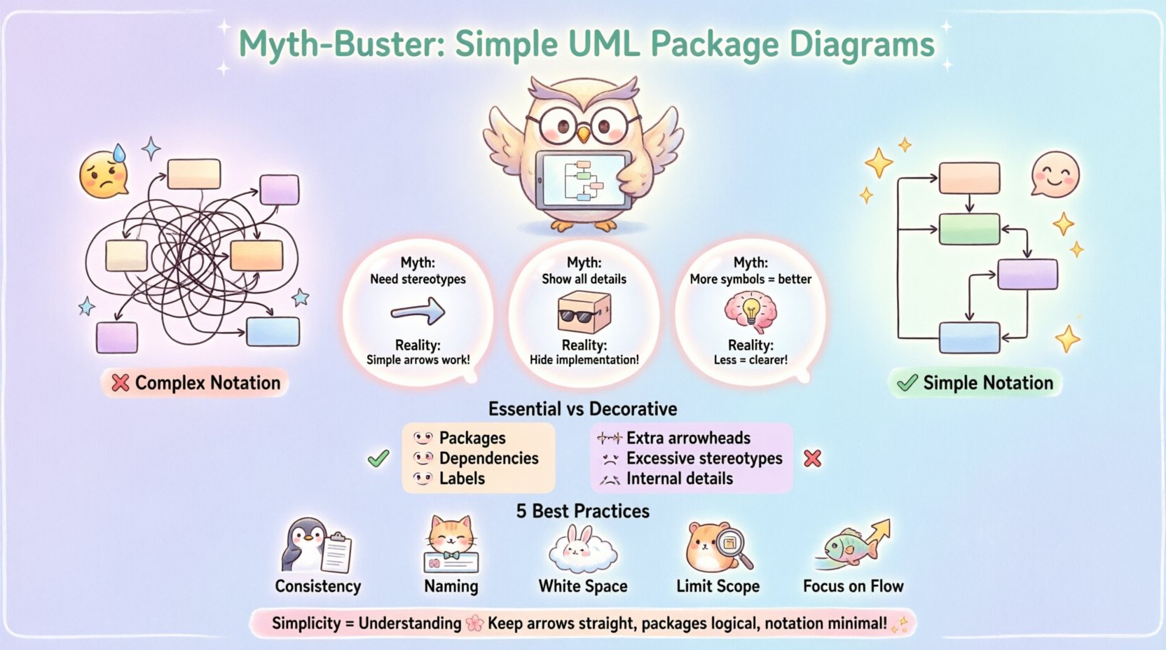 Kawaii-style infographic explaining why simple notation works best for UML package diagrams, featuring cute package characters, myth-busting tips comparing complex vs simple approaches, essential vs decorative elements, and five best practices for clear software architecture documentation in soft pastel colors