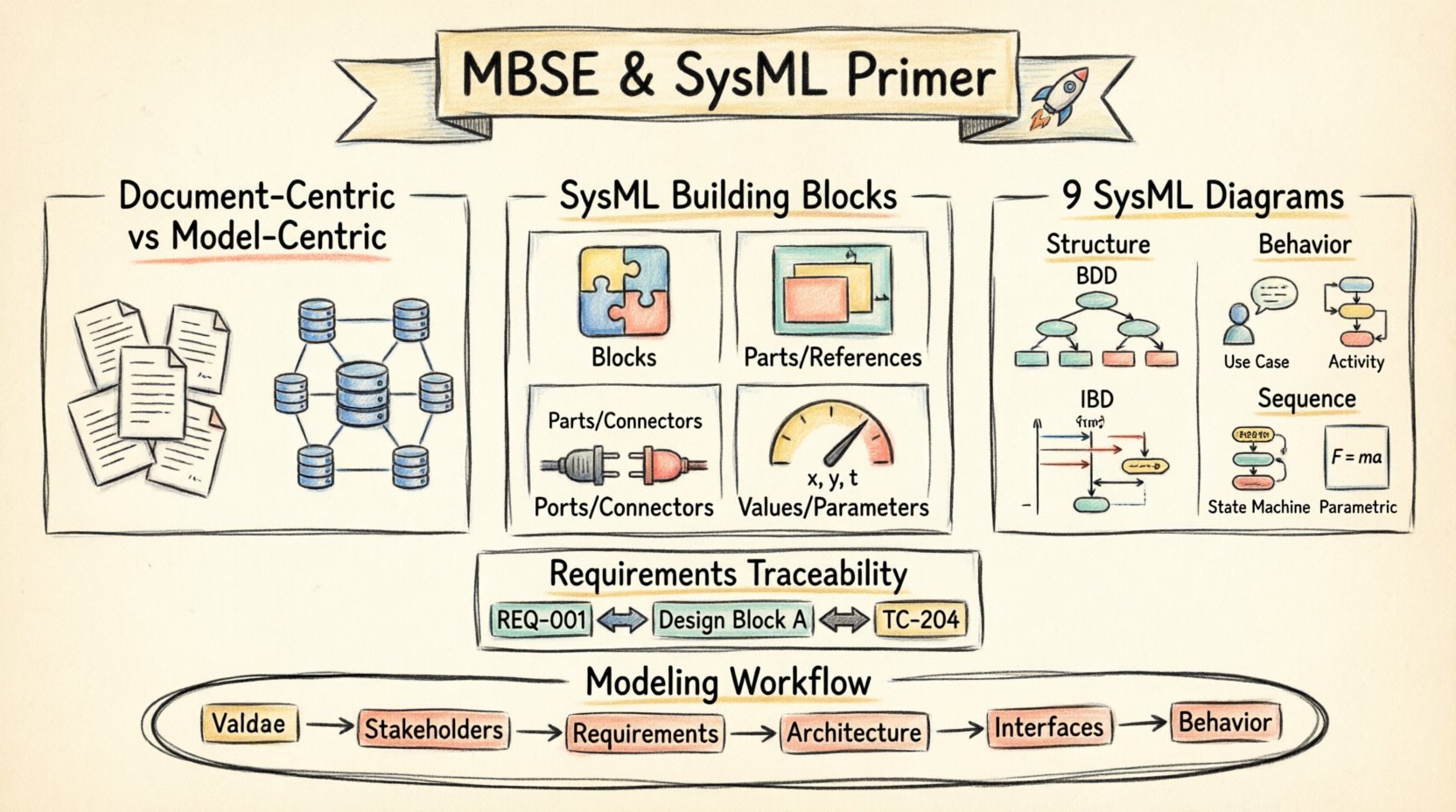 Hand-drawn infographic explaining Model-Based Systems Engineering (MBSE) and SysML for beginners: compares document-centric vs model-centric approaches, illustrates four SysML building blocks (Blocks, Parts/References, Ports/Connectors, Values/Parameters), displays all nine SysML diagram types categorized by Structure and Behavior, shows requirements traceability workflow linking IDs to design elements and tests, and outlines a 7-step modeling process from scope definition to validationβall rendered in thick-outline sketch style with warm color accents for intuitive learning