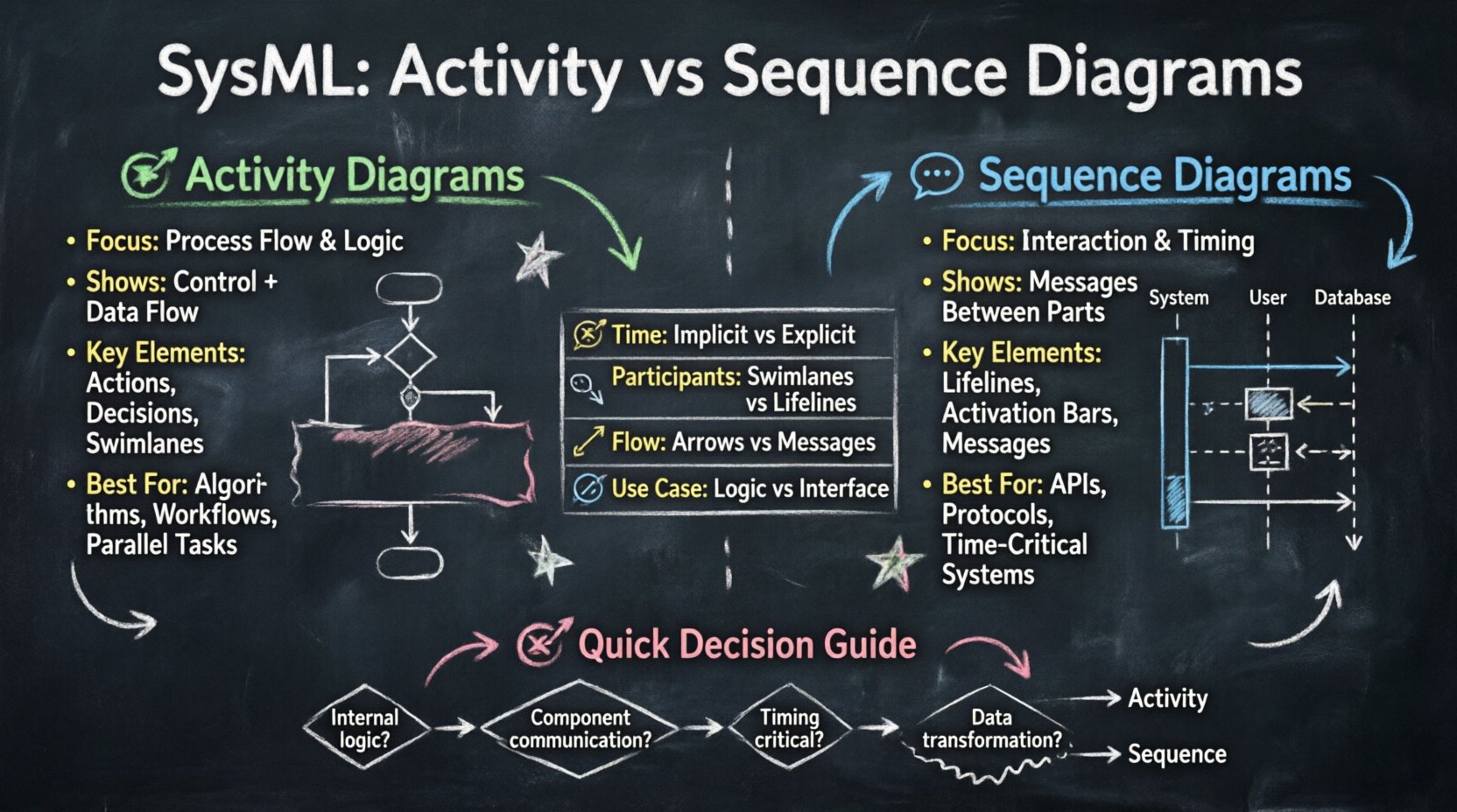 Chalkboard-style infographic comparing SysML Activity Diagrams and Sequence Diagrams for MBSE beginners, showing key differences in focus, notation, and use cases with hand-drawn visual examples and a quick decision guide for choosing the right diagram type