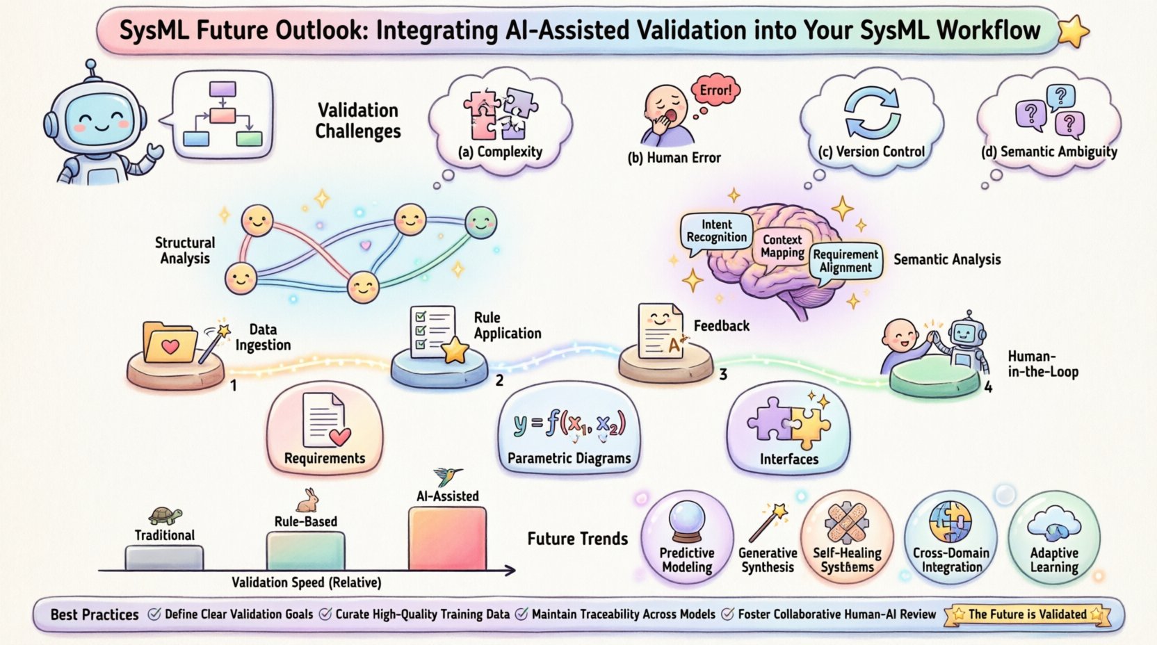Kawaii cute vector infographic illustrating AI-assisted validation integration into SysML workflows for Model-Based Systems Engineering MBSE, featuring pastel-colored sections on validation challenges, structural and semantic AI analysis, four-phase implementation workflow, key intervention areas for requirements and parametric diagrams, comparison of traditional vs AI validation methods, and future trends in predictive and generative design
