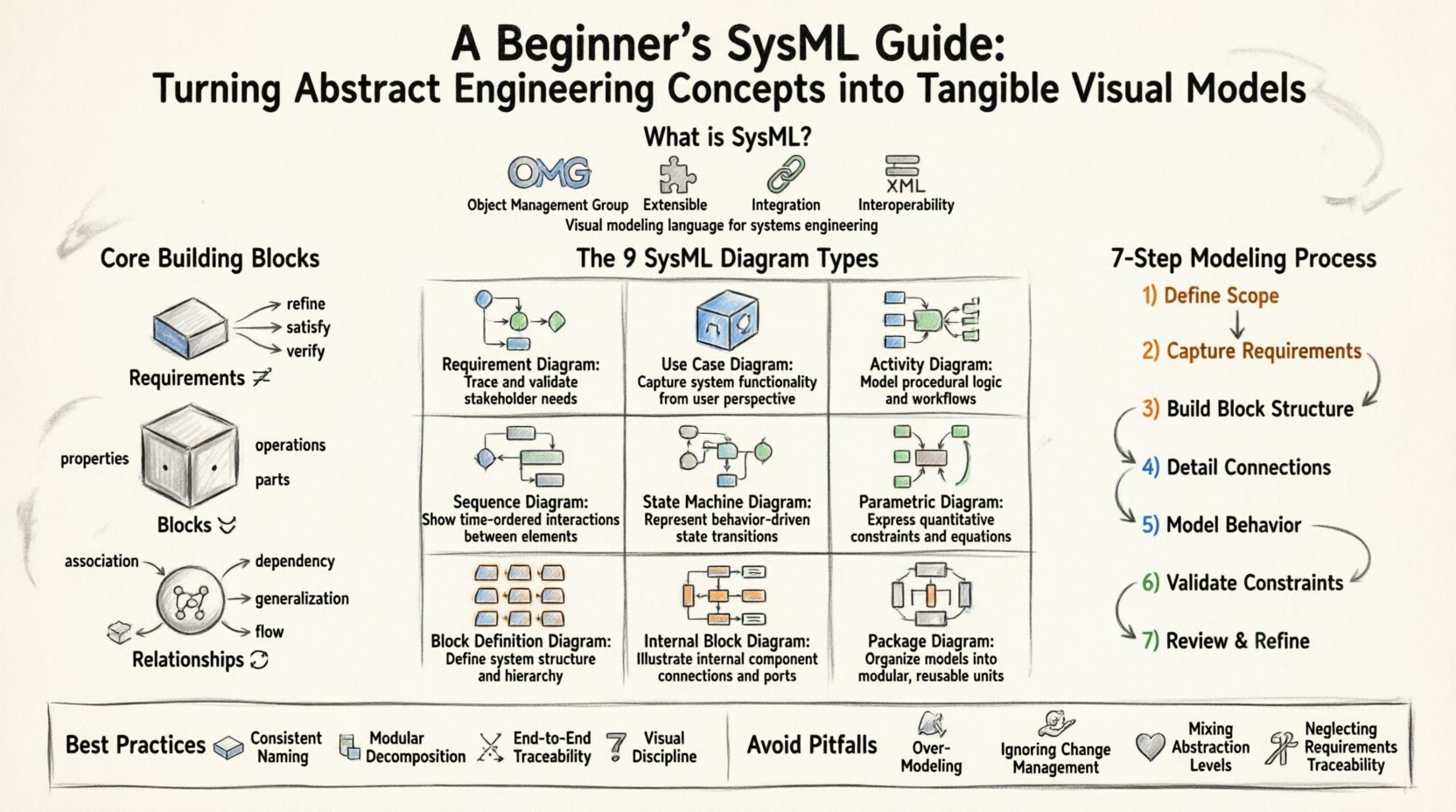 Sketch-style infographic: A Beginner's SysML Guide showing Systems Modeling Language fundamentals including core building blocks (Requirements, Blocks, Relationships), the 9 SysML diagram types (Requirement, Use Case, Activity, Sequence, State Machine, Parametric, BDD, IBD, Package), a 7-step modeling workflow, and best practices for visual engineering models