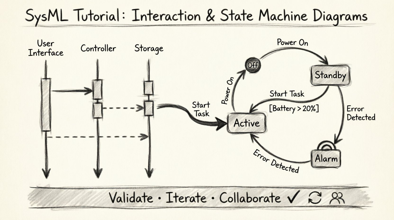Charcoal sketch infographic illustrating SysML behavioral modeling tutorial: left side shows interaction diagram with User Interface, Controller, and Storage lifelines connected by message arrows and activation bars; right side displays state machine diagram with Off, Standby, Active, and Alarm states linked by transition arrows labeled with events and guard conditions; central visual demonstrates how messages trigger state transitions; includes key components legend and best practices footer for systems engineers and students learning SysML sequence and state machine diagrams