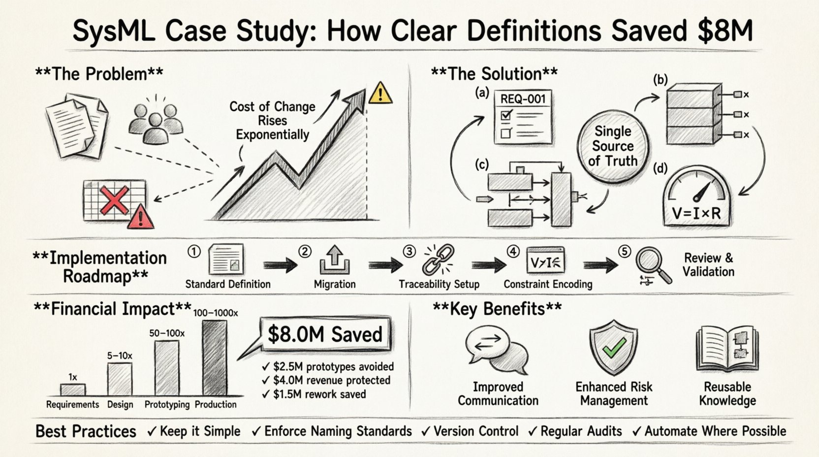 Hand-drawn sketch infographic illustrating how clear SysML definitions in model-based systems engineering saved $8 million by preventing late-stage design changes, featuring the cost of change curve, four key SysML diagram types (Requirements, BDD, IBD, Parametric), five-phase implementation roadmap, financial impact breakdown with cost multipliers, and best practices checklist for MBSE adoption