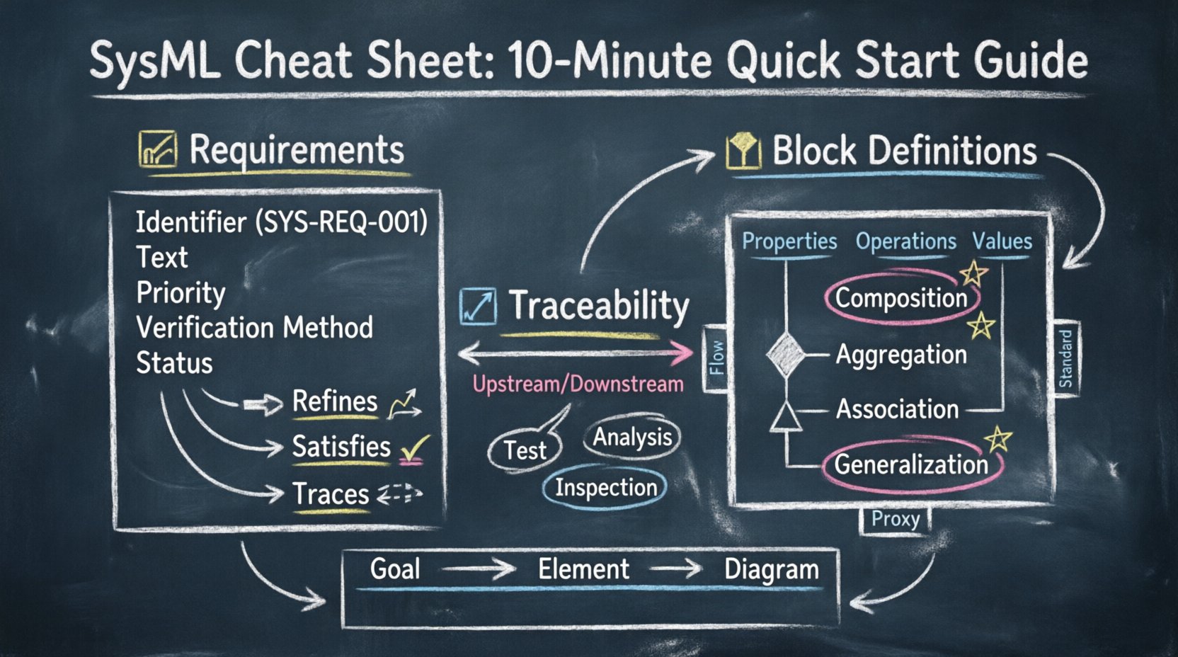Chalkboard-style infographic presenting a SysML quick start guide with hand-written sections on Requirements modeling and Block Definition Diagrams, featuring relationship arrows, structural symbols, traceability links, and teacher-style annotations for systems engineering education