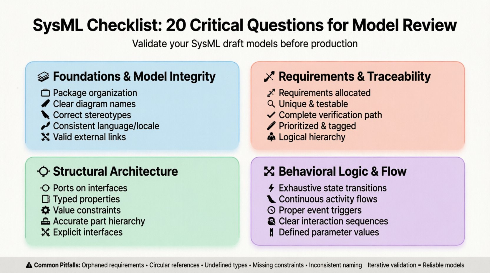 Infographic displaying 20 critical questions for reviewing SysML draft models, organized into four color-coded sections: Foundations & Model Integrity, Requirements & Traceability, Structural Architecture, and Behavioral Logic & Flow. Features flat design icons with black outlines, pastel accent colors, rounded shapes, and ample white space. Includes checklist format with emojis, common validation pitfalls summary, and friendly tone suitable for students and social media sharing.