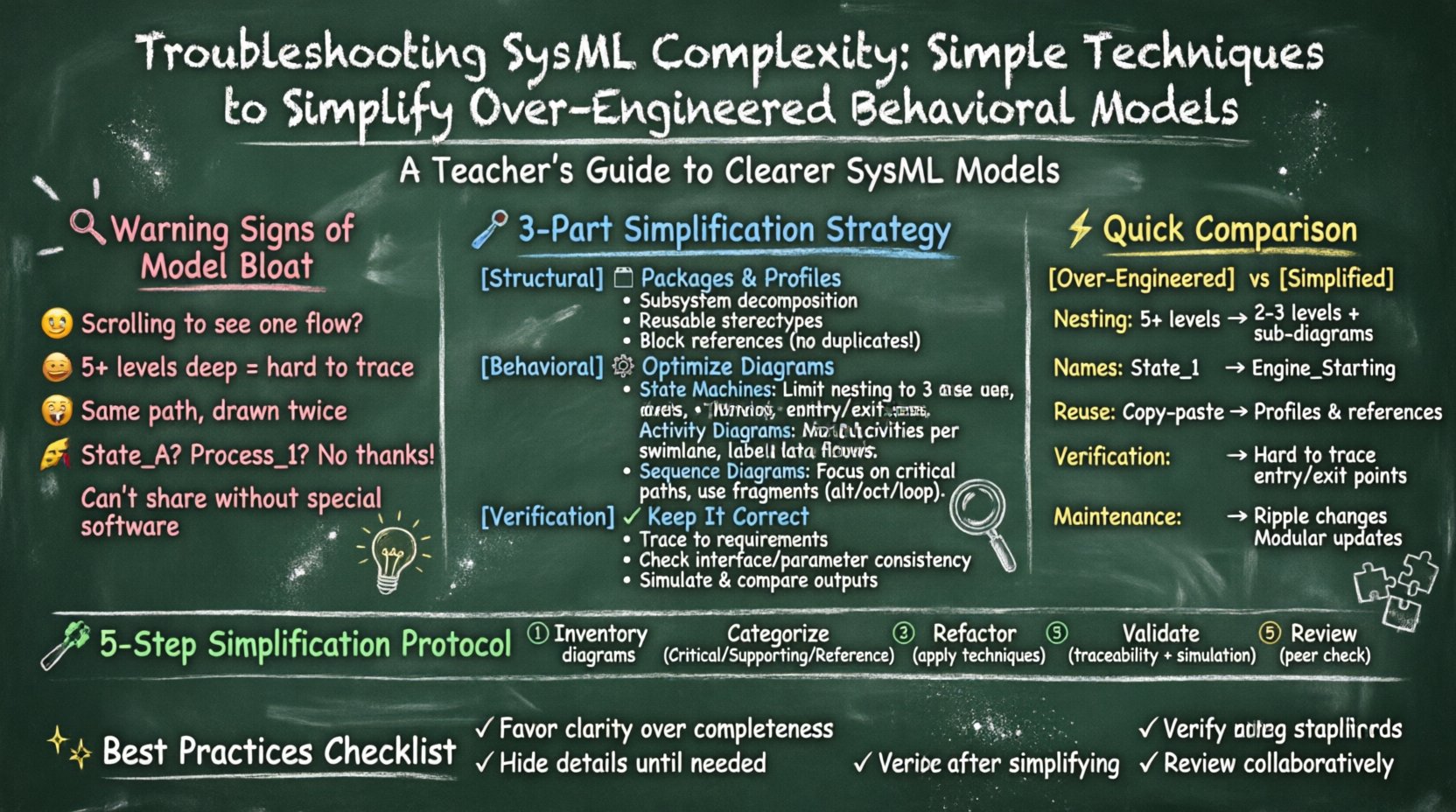 Chalkboard-style infographic showing techniques to simplify over-engineered SysML behavioral models, including warning signs of model bloat, three-part simplification strategy (structural, behavioral, verification), comparison of over-engineered vs simplified approaches, 5-step protocol, and best practices checklist