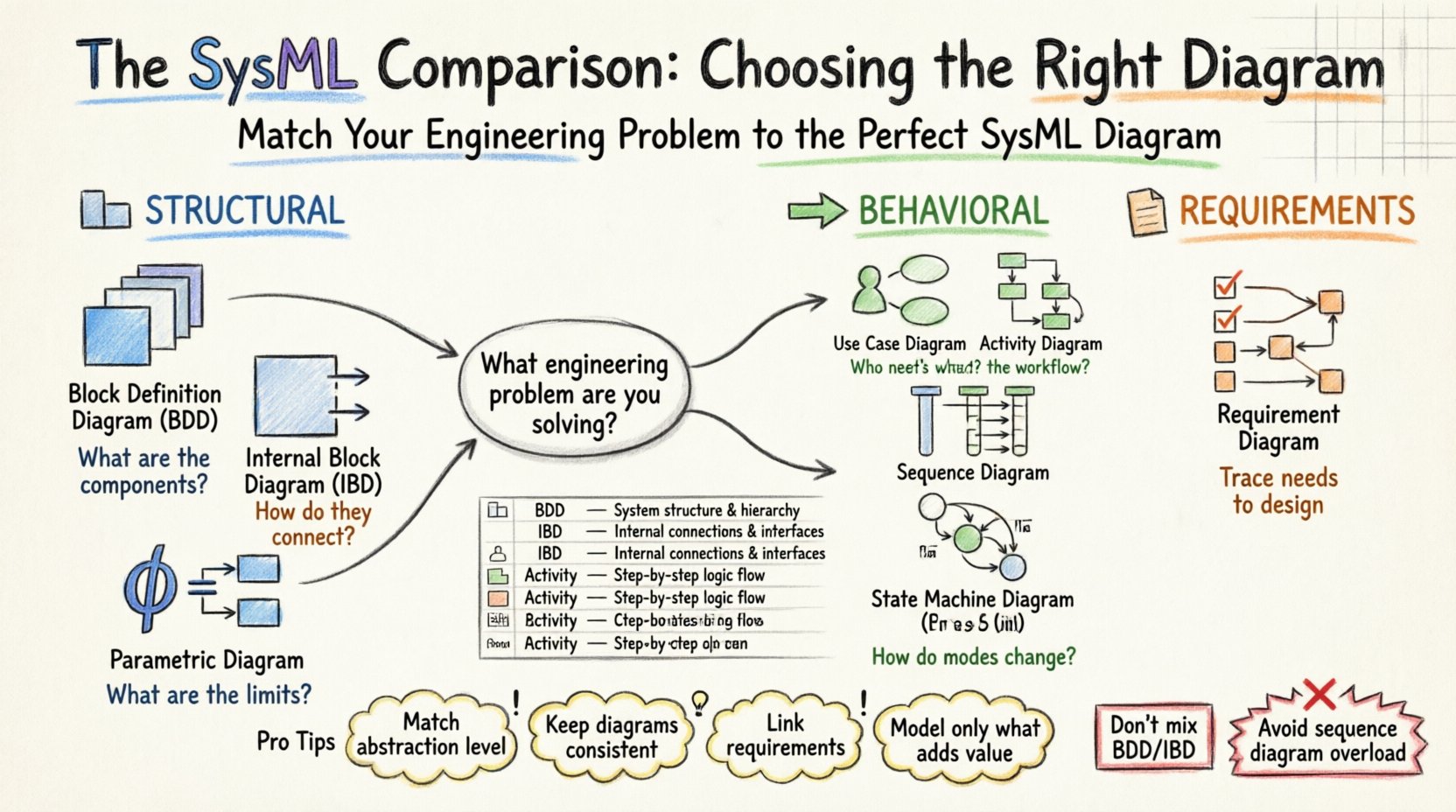 Marker-style infographic comparing SysML diagram types: structural diagrams (BDD, IBD, Parametric), behavioral diagrams (Use Case, Activity, Sequence, State Machine), and Requirements diagram, with visual guidance on selecting the right diagram for common engineering problems in systems engineering
